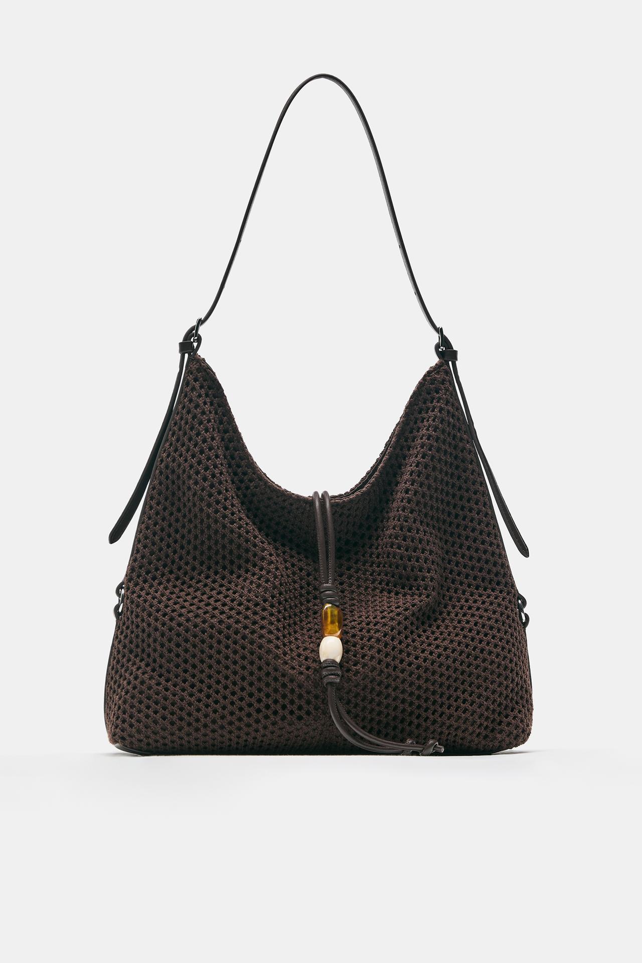 Embellished mesh tote bag — Brown