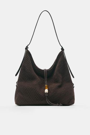 Embellished mesh tote bag — Brown 1
