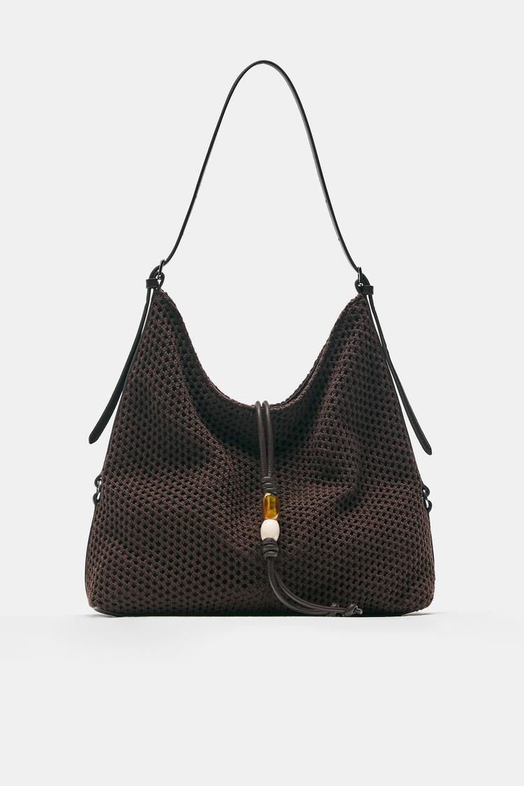 Embellished mesh tote bag — Brown