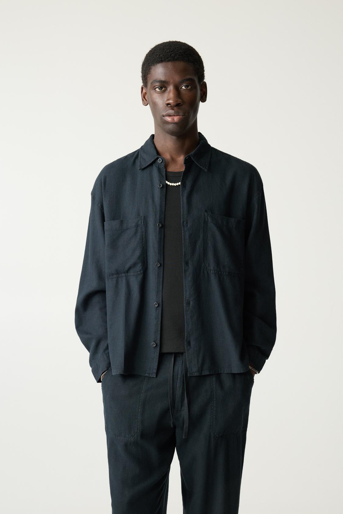 Blanca Lino Lino Camisas Manga Larga Negra Camisa Manga Larga Con