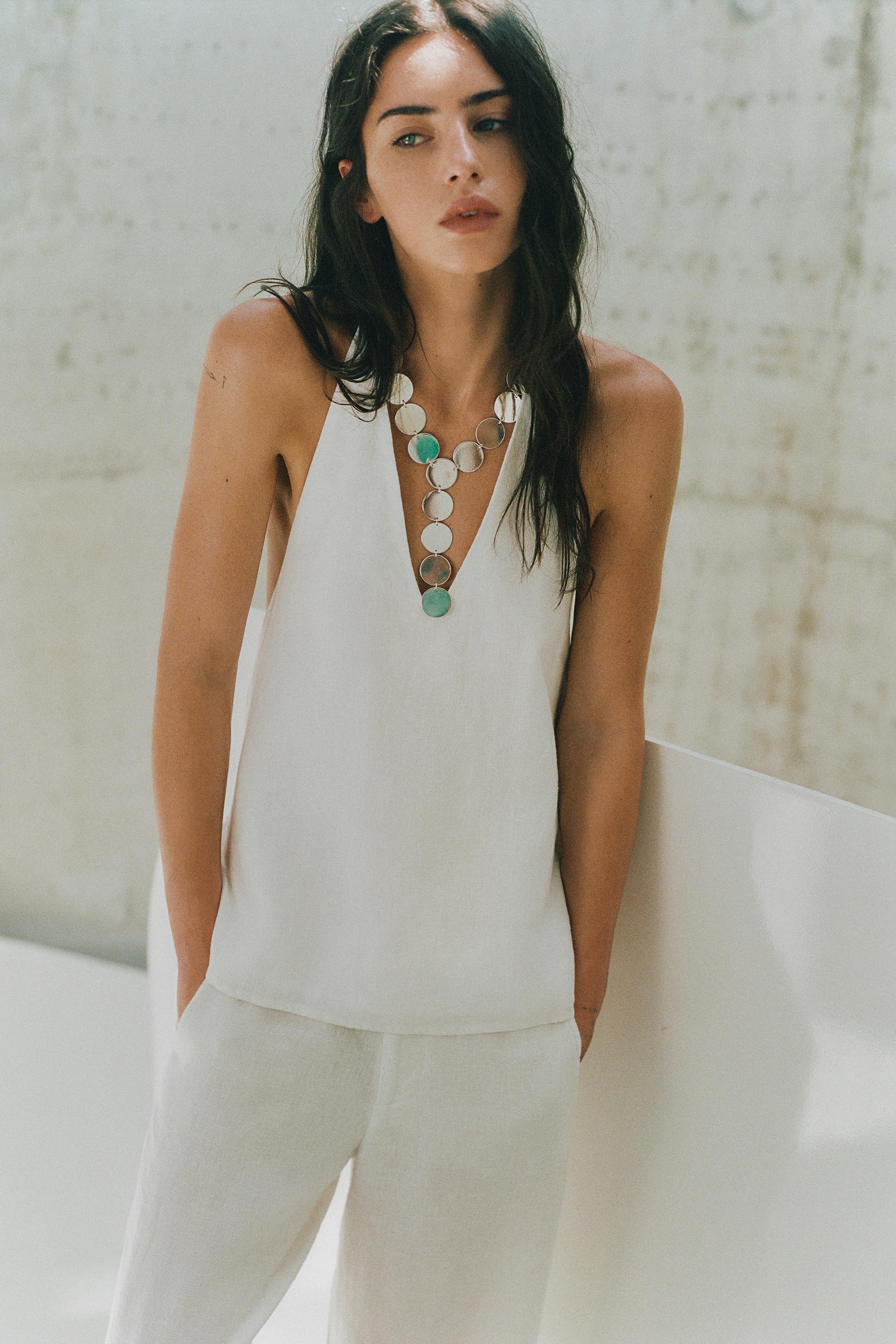 100% linen halter top — White