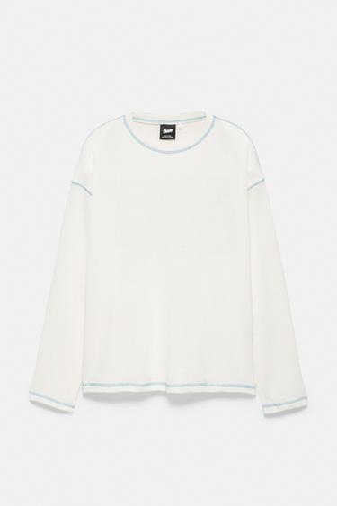 Long sleeve graphic T-shirt with topstitching — Ecru 8