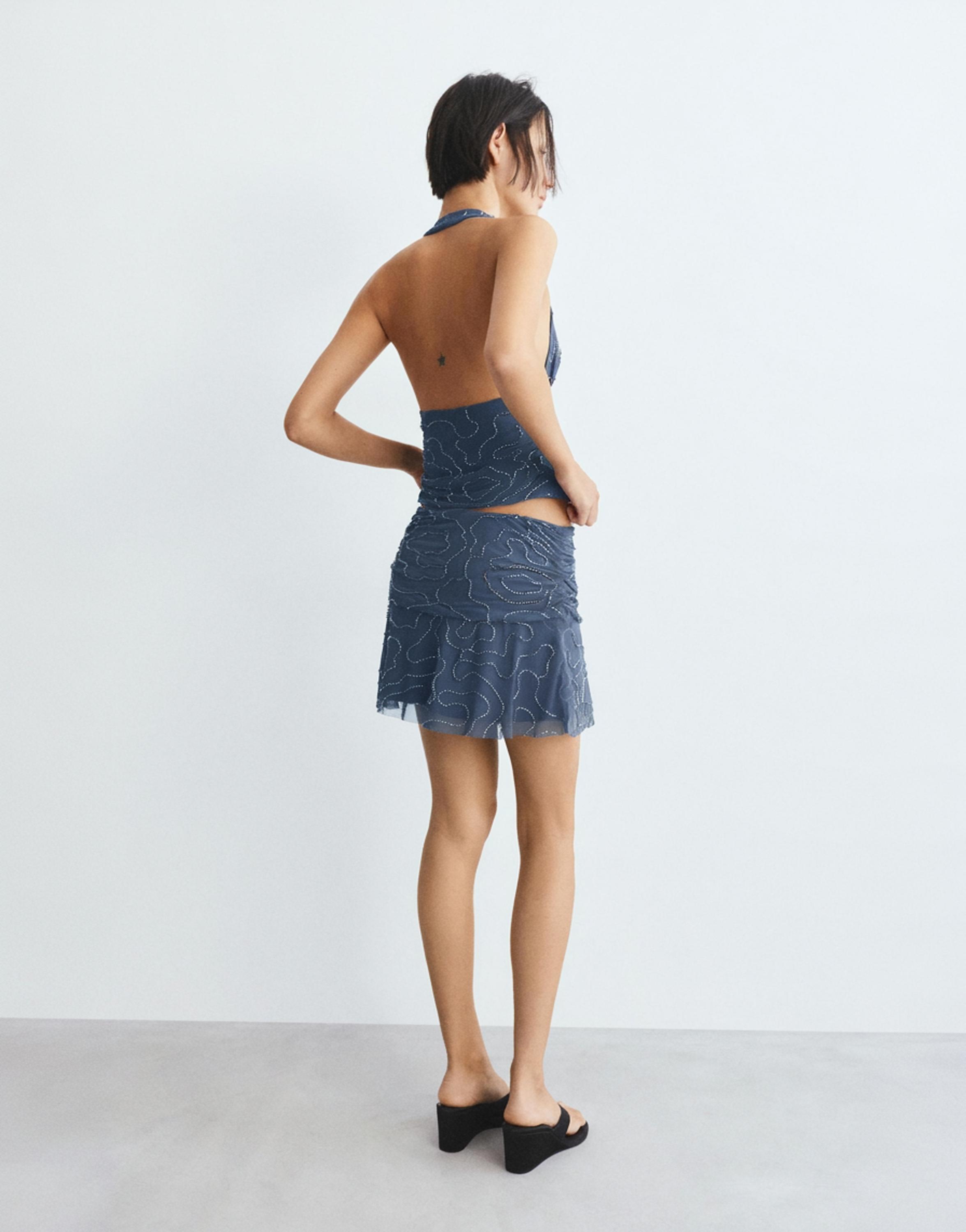 Beaded tulle halter top — Ocean