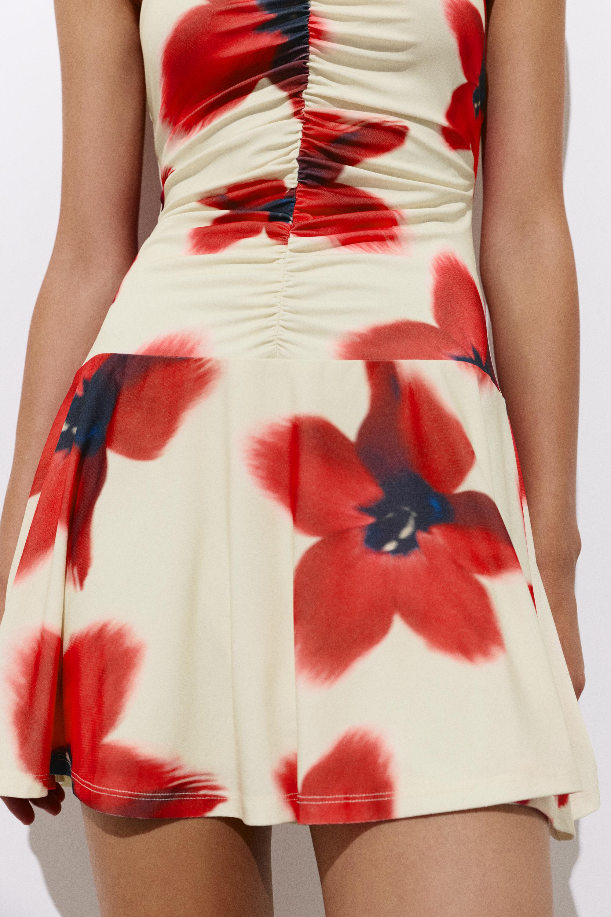 Short strappy gathered dress — Ecru/Red