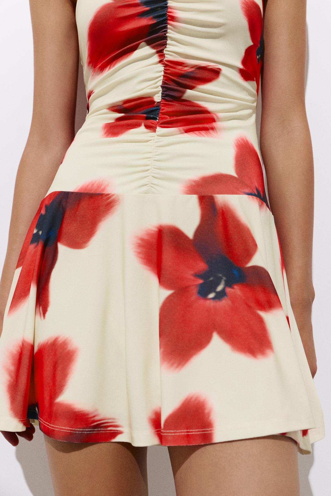 Short strappy gathered dress — Ecru/Red