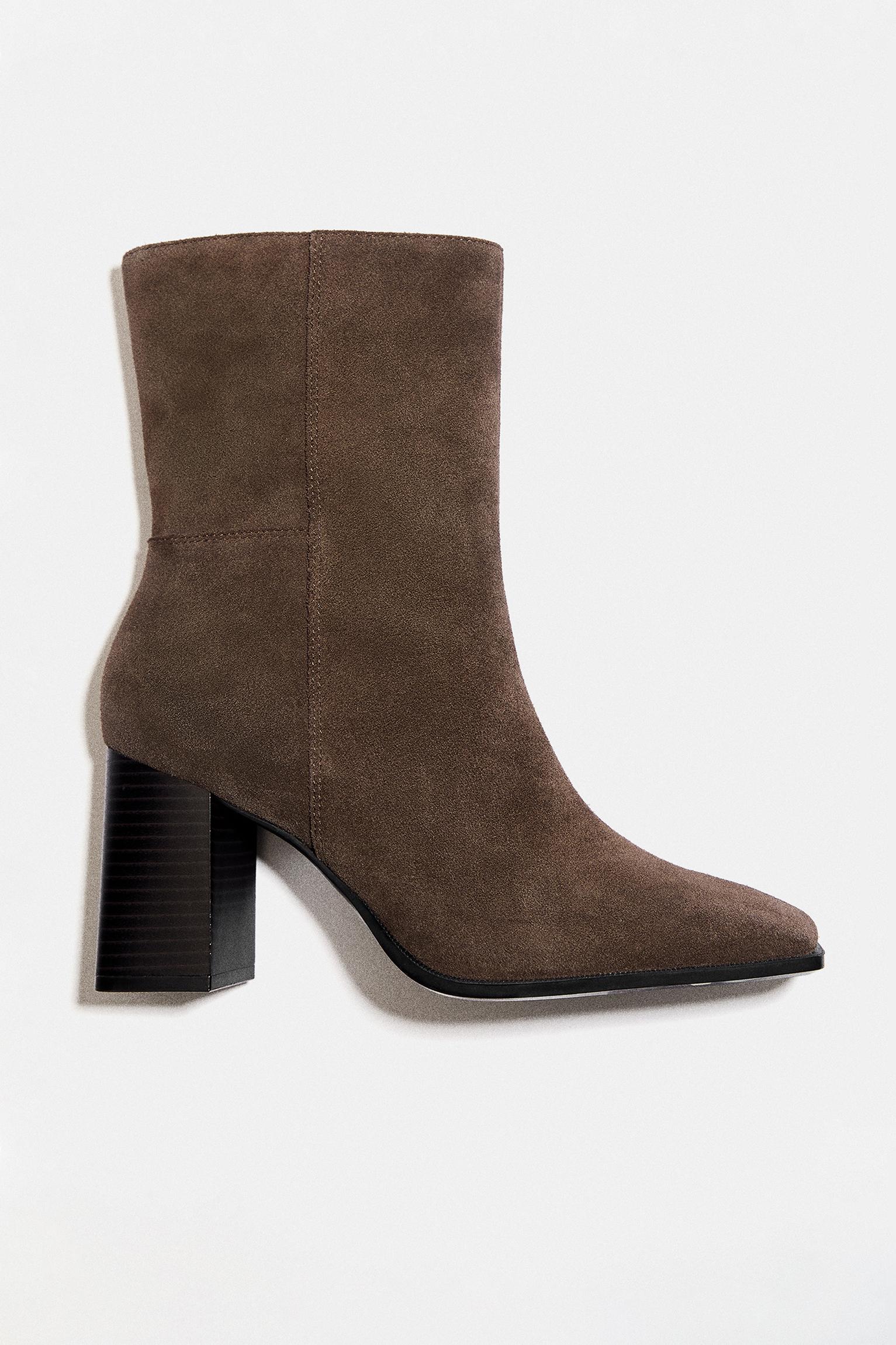 Leather high-heel ankle boots — Taupe