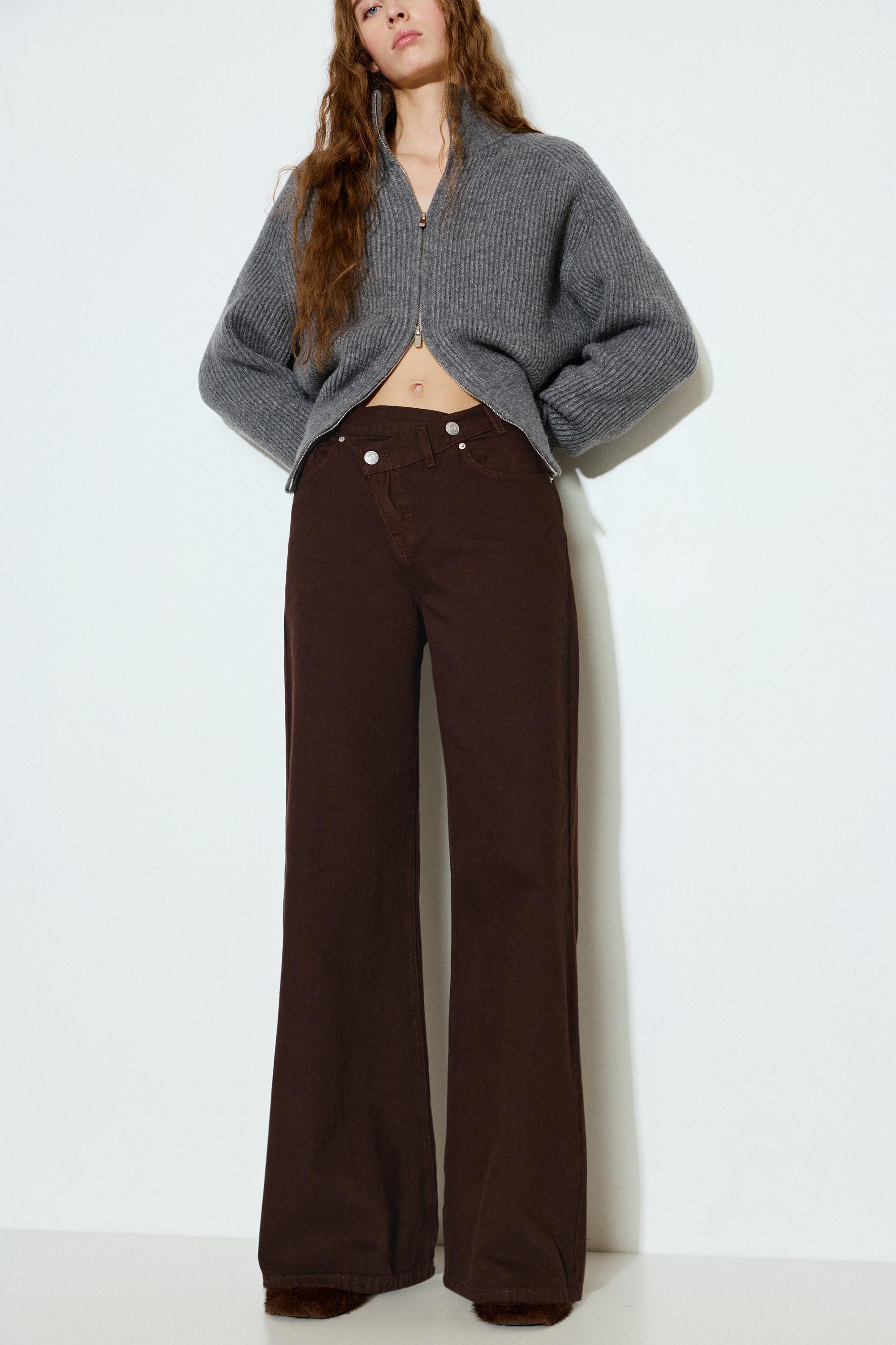 Wide leg jeans with crossover waistband — Brown