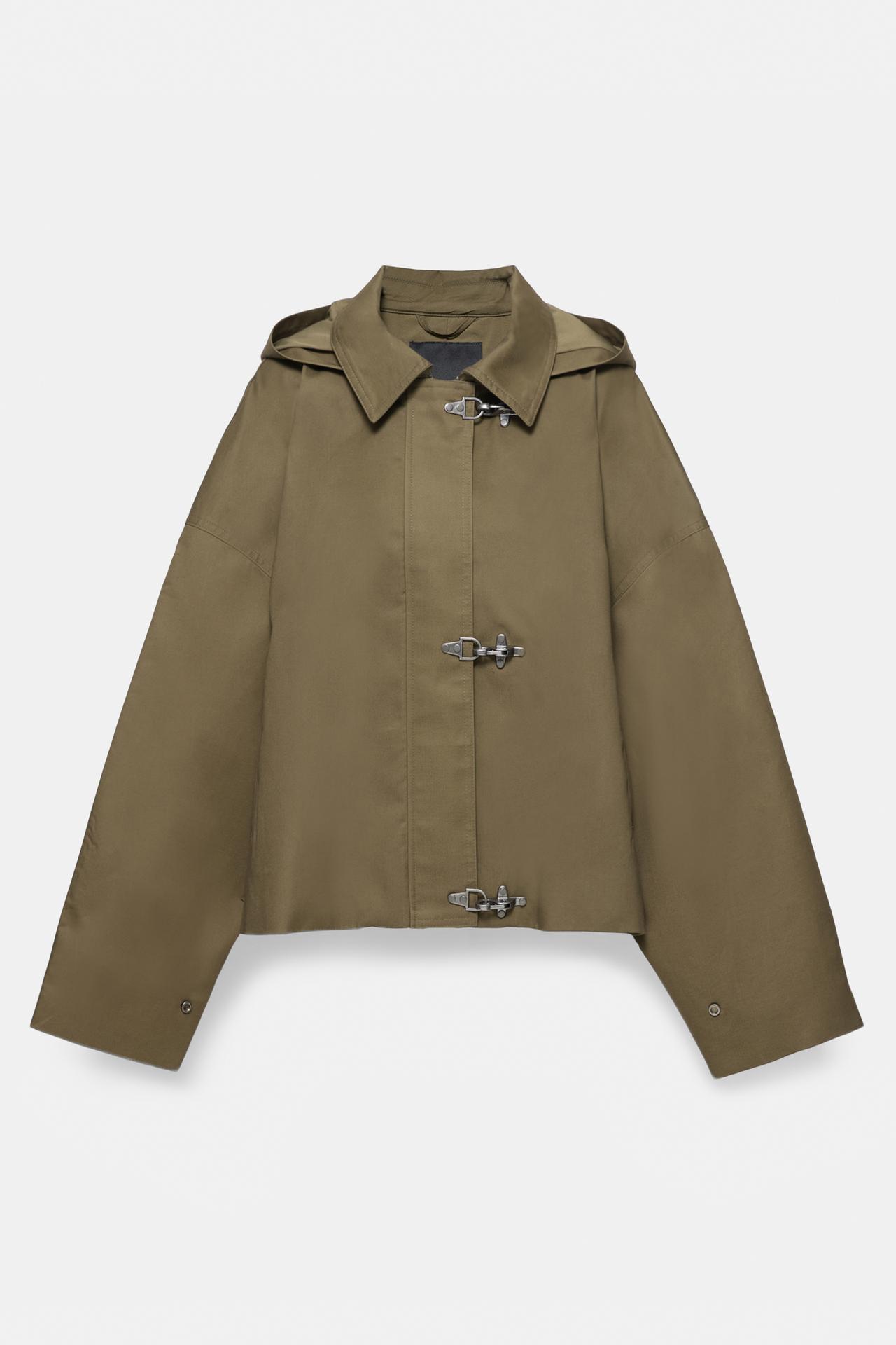 Short trench coat with hood and fireman clasp — Khaki