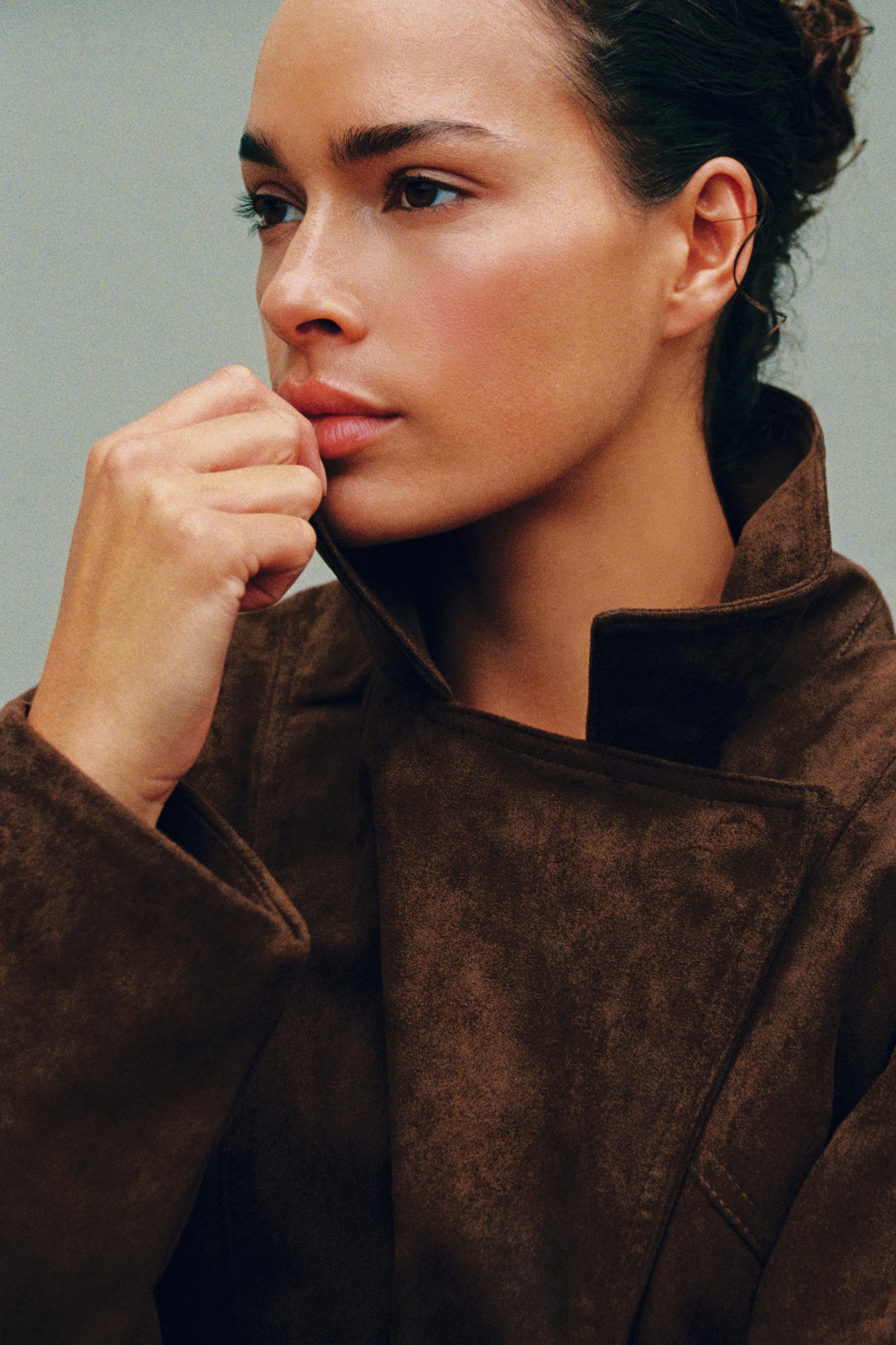 Faux suede short trench coat — Brown