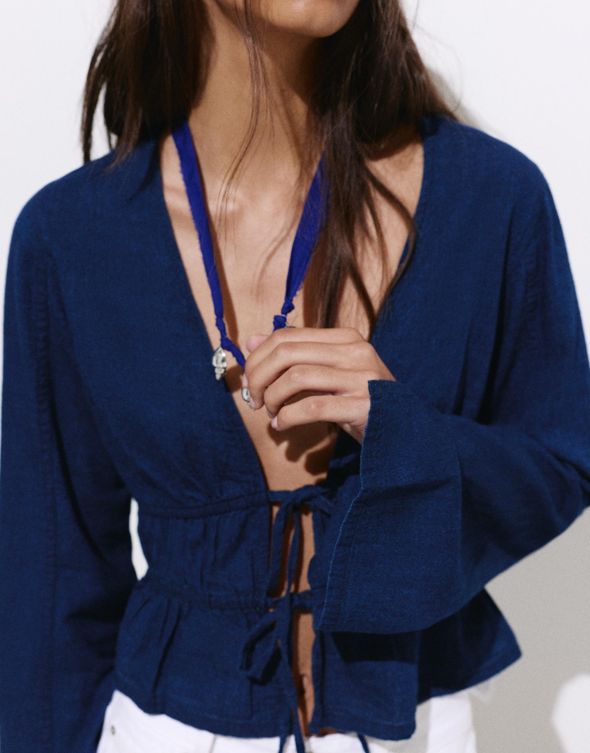 Denim blouse with ties — Dark blue