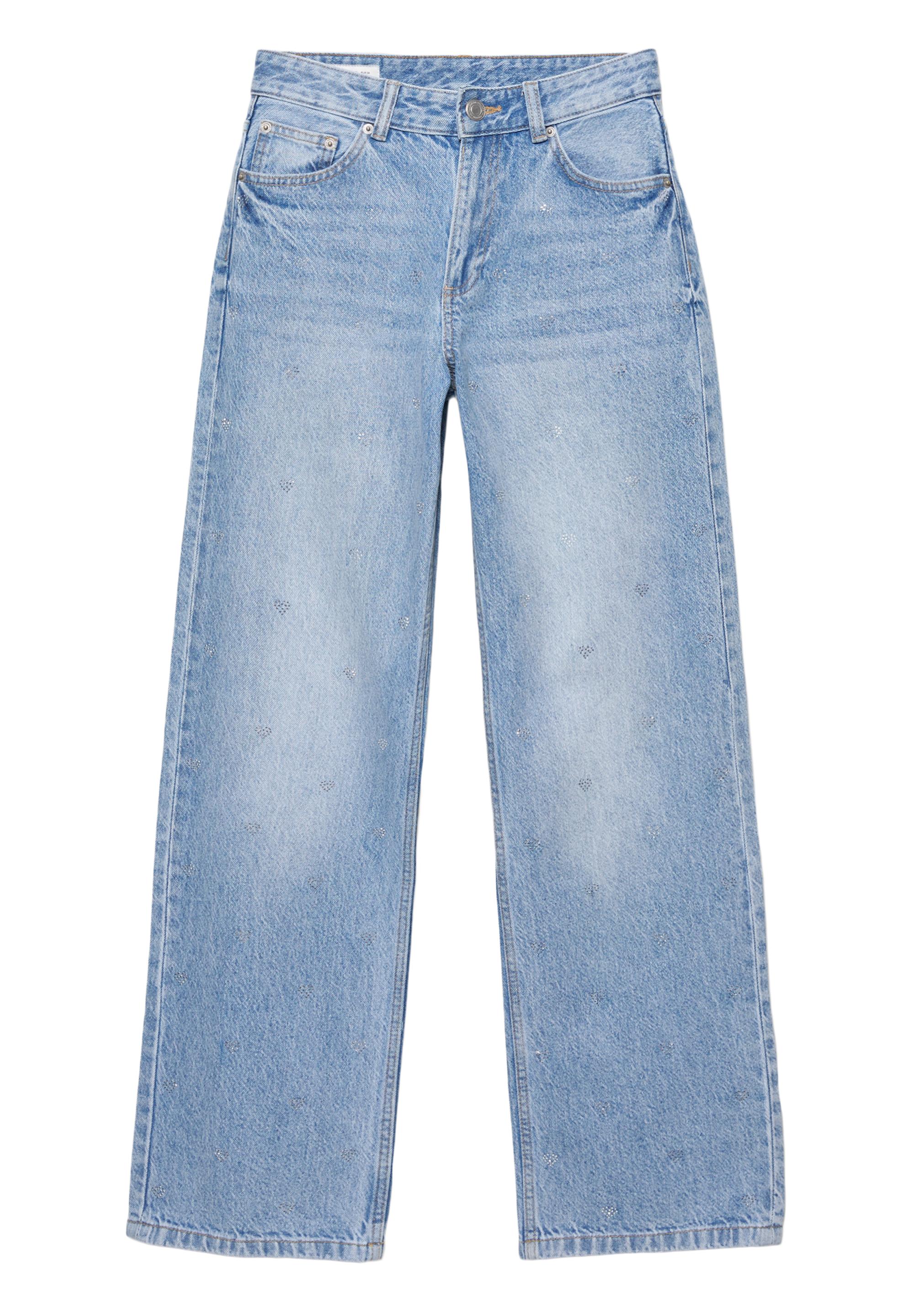 Straight-leg mid-waist jeans with rhinestone hearts