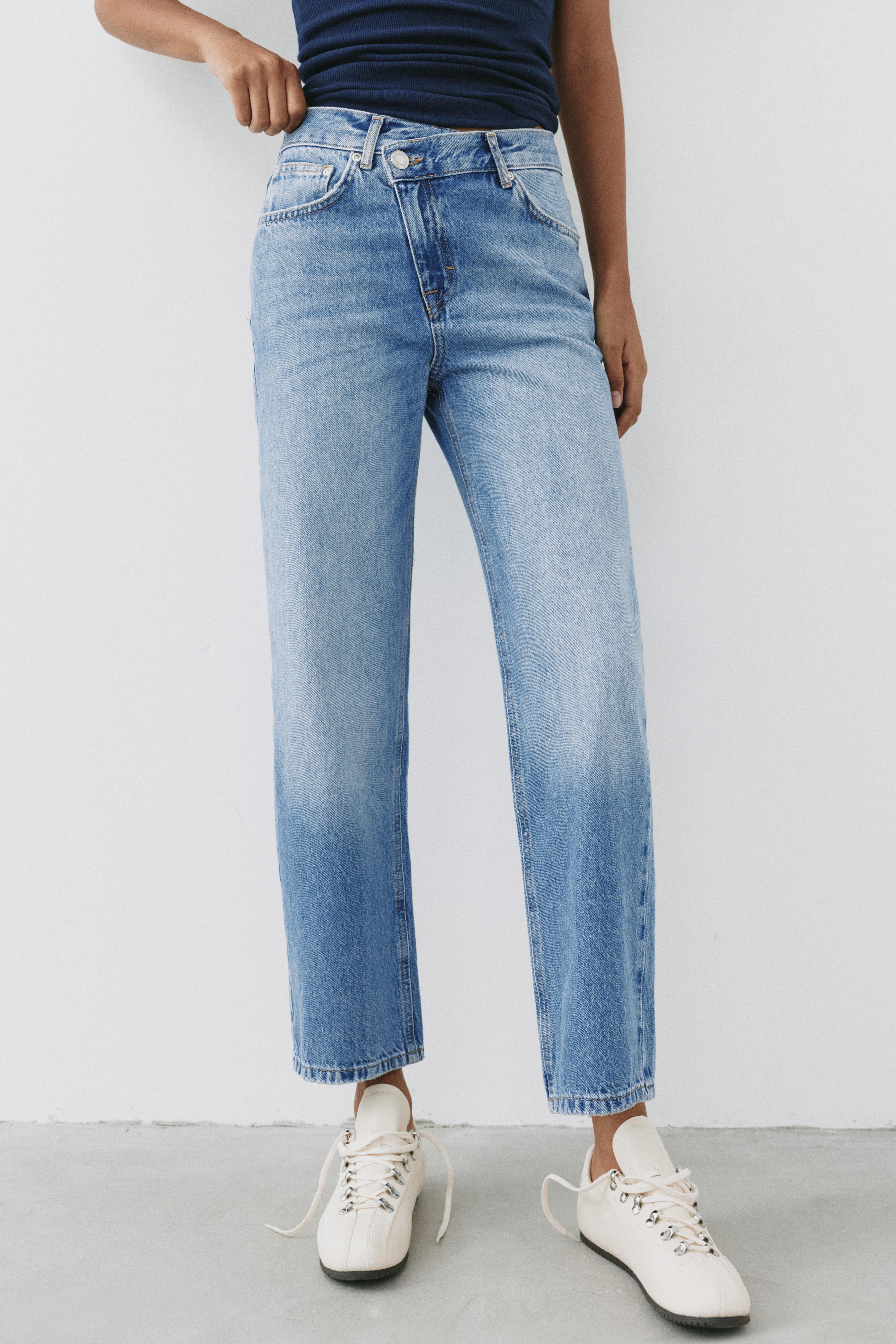 Straight-leg jeans with crossover waistband — Medium blue