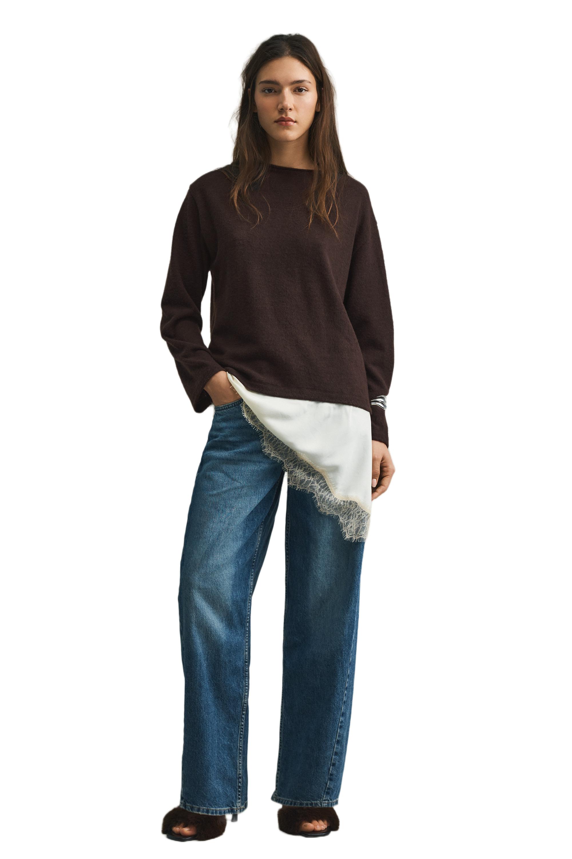 Fine lace combined jumper — Brown