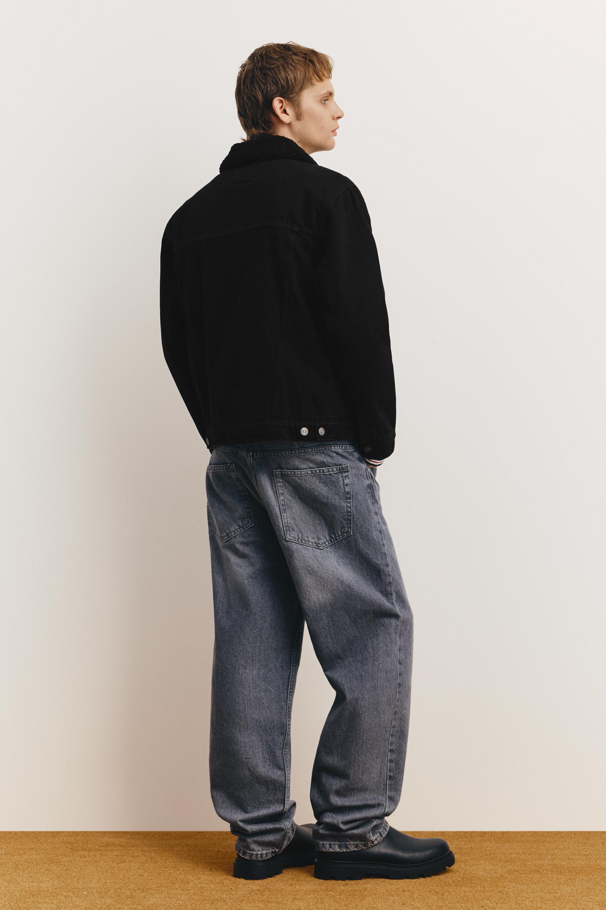 Denim jacket with faux shearling collar — Faded black
