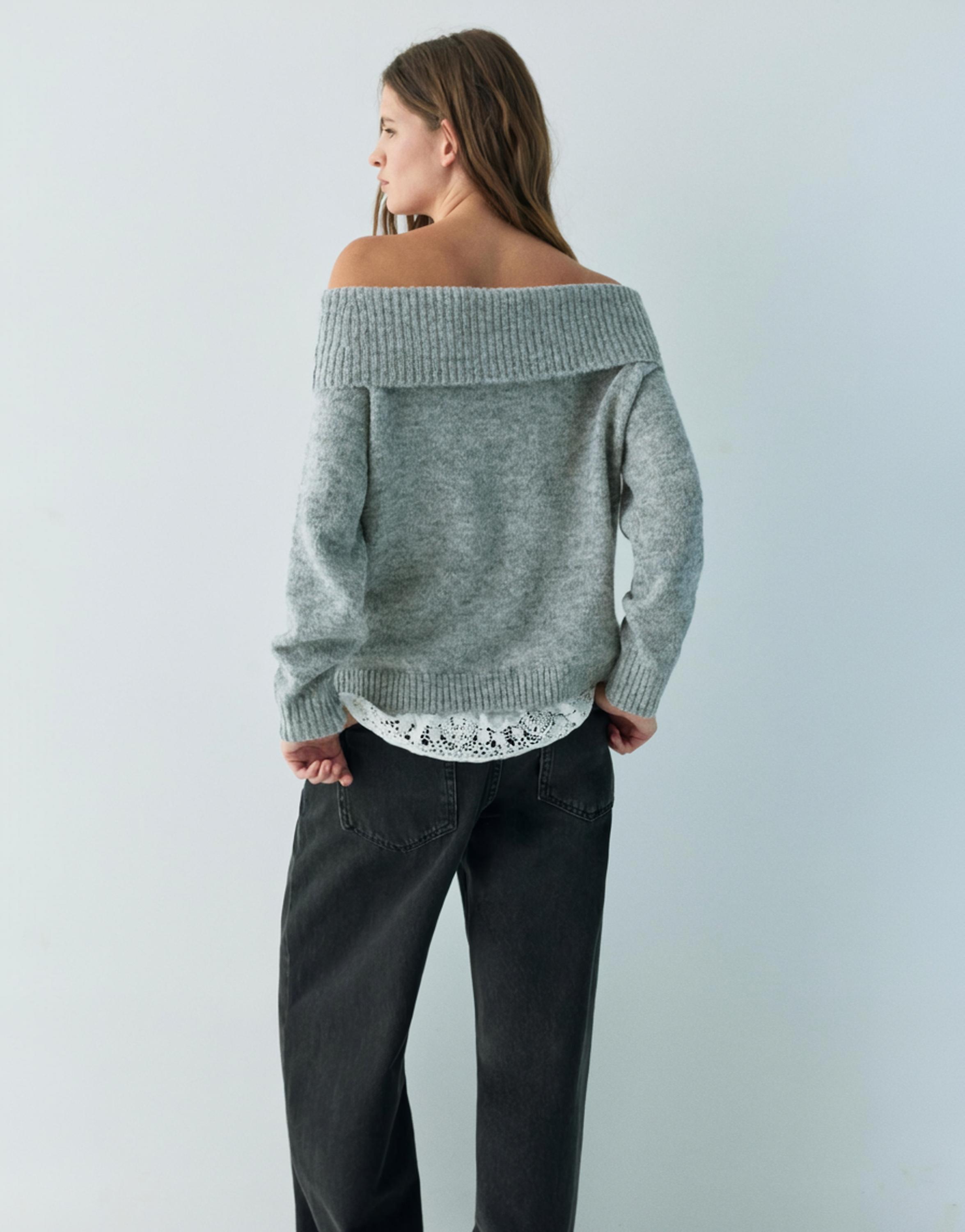 Bardot jumper with combined lace — Grey marl