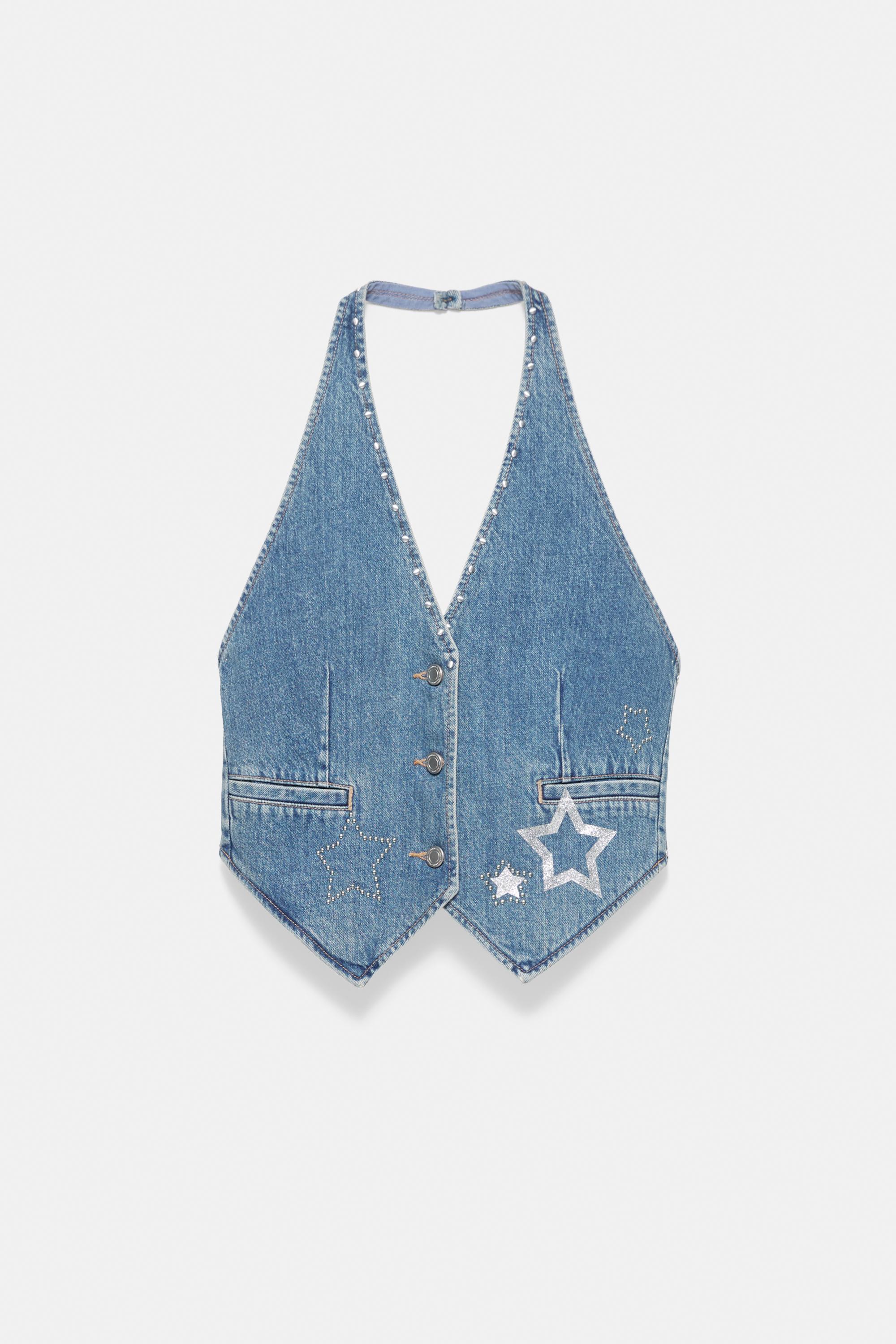 Star and stud denim vest — Medium blue
