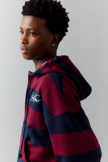 Striped zip-up sweatshirt with hood — Navy 7