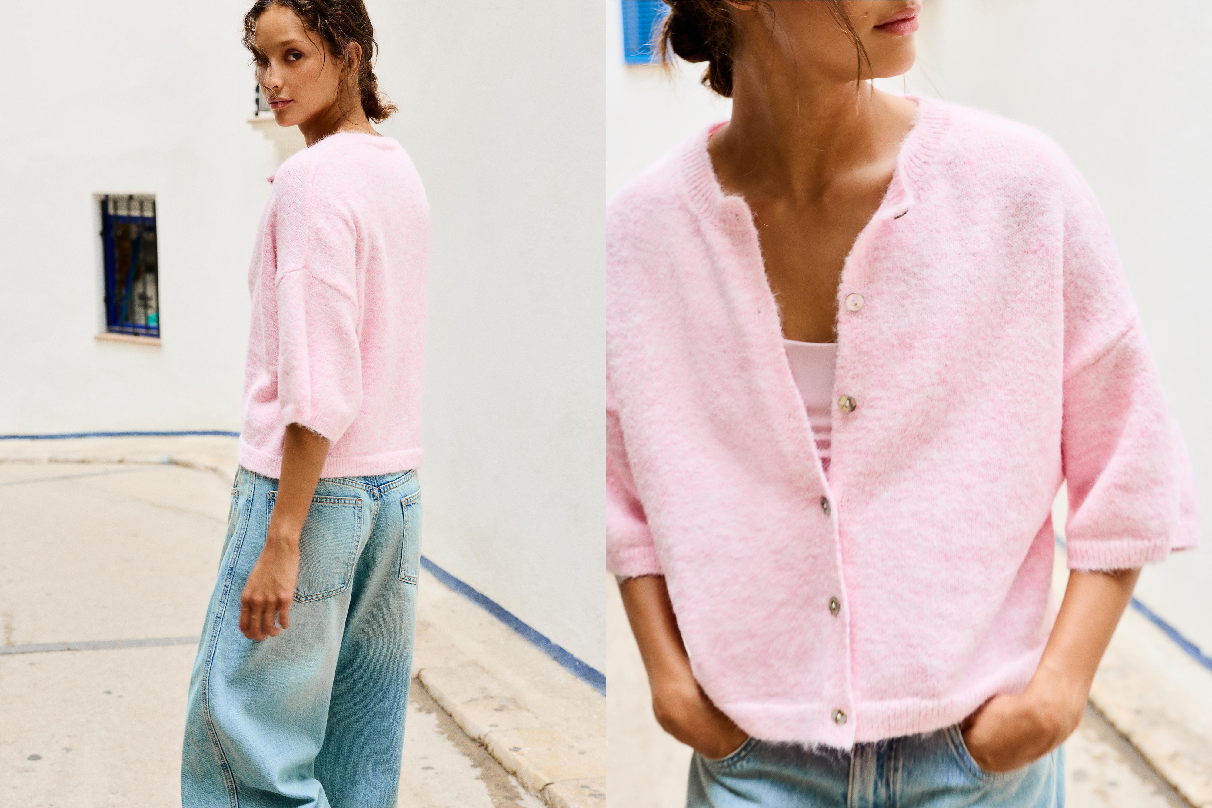 Short sleeve cardigan — Pink marl