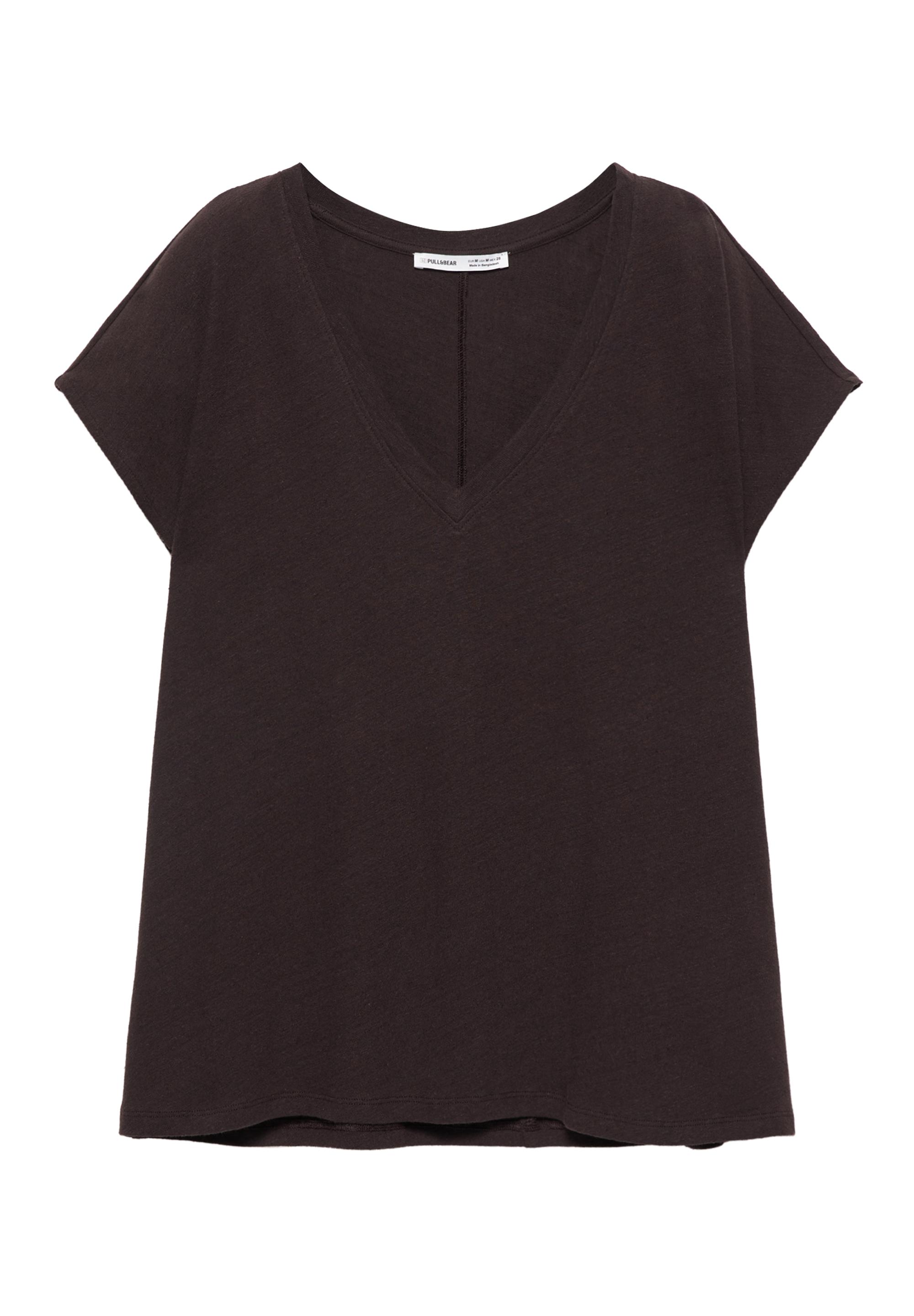V-neck linen T-shirt — Dark brown