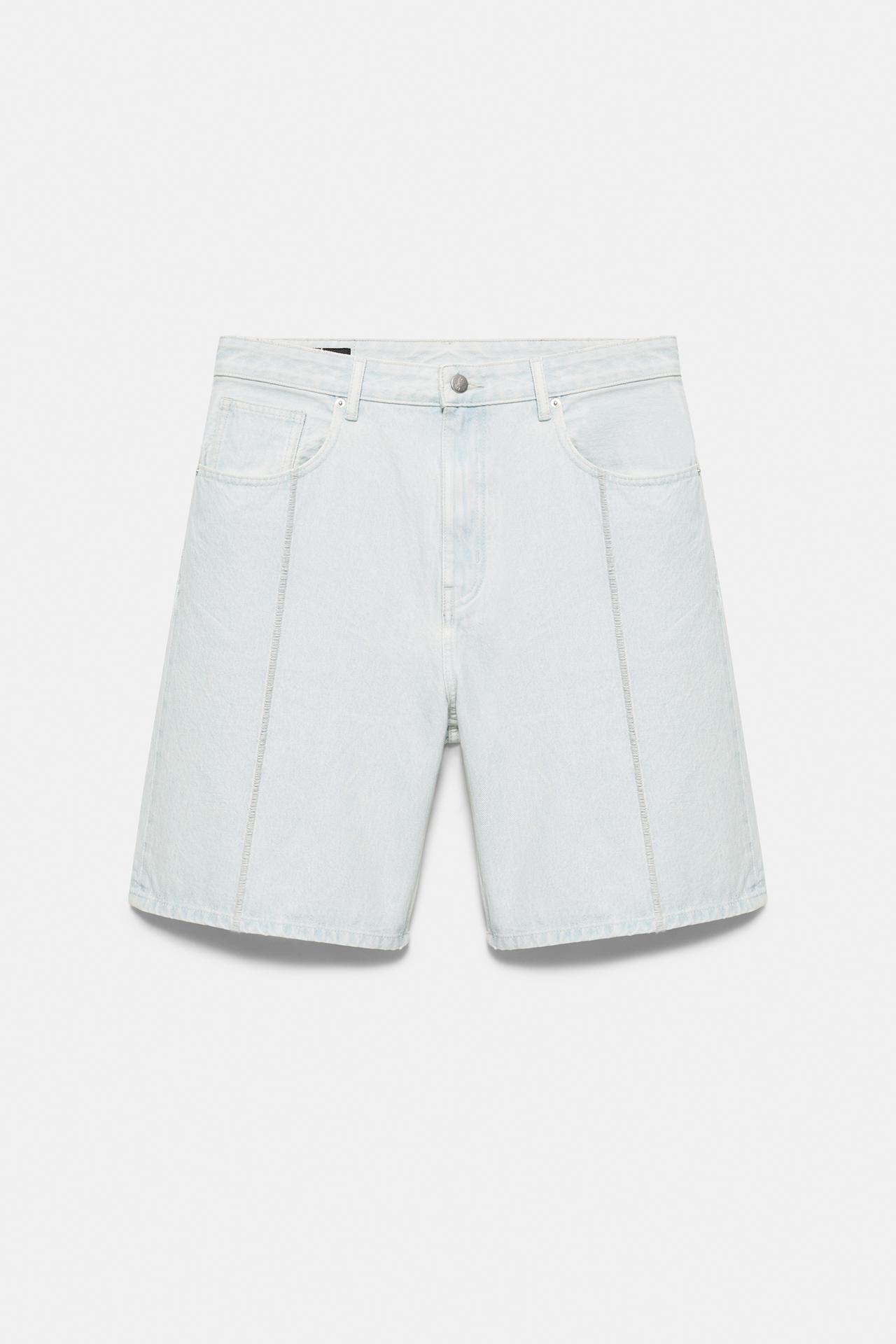 Baggy denim Bermuda shorts with seam detail — Pale indigo