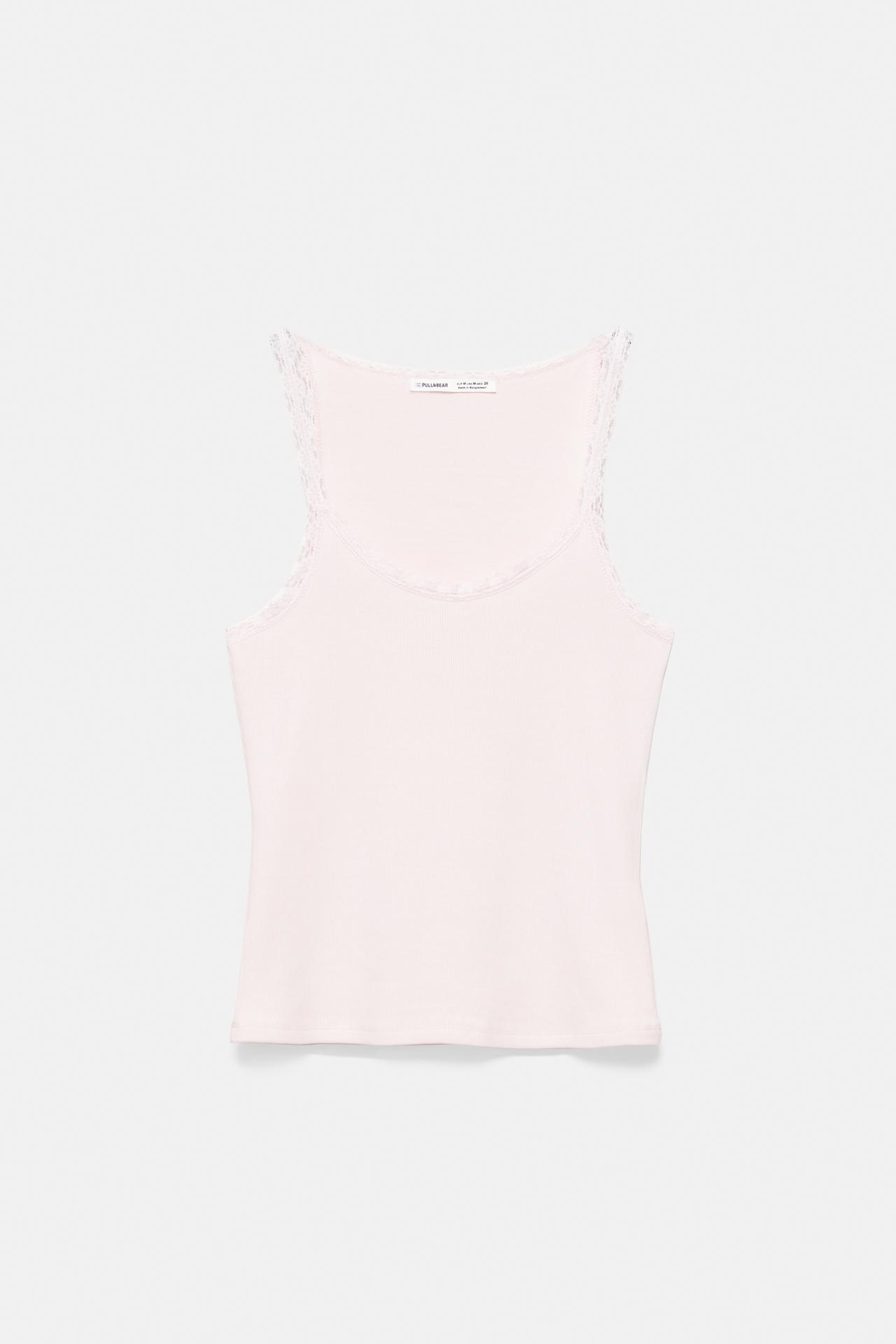Lace-trim tank top — Pastel pink
