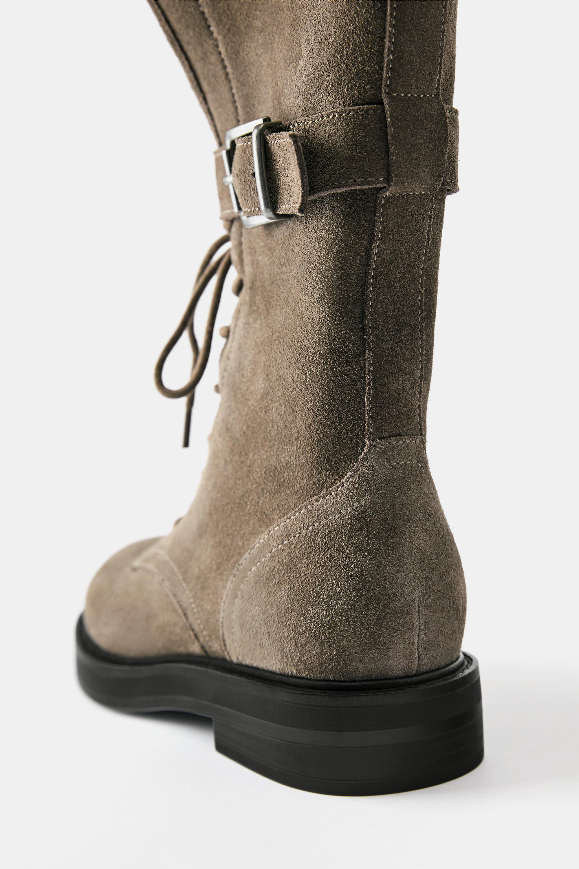 Lace-up flat leather boots — Taupe