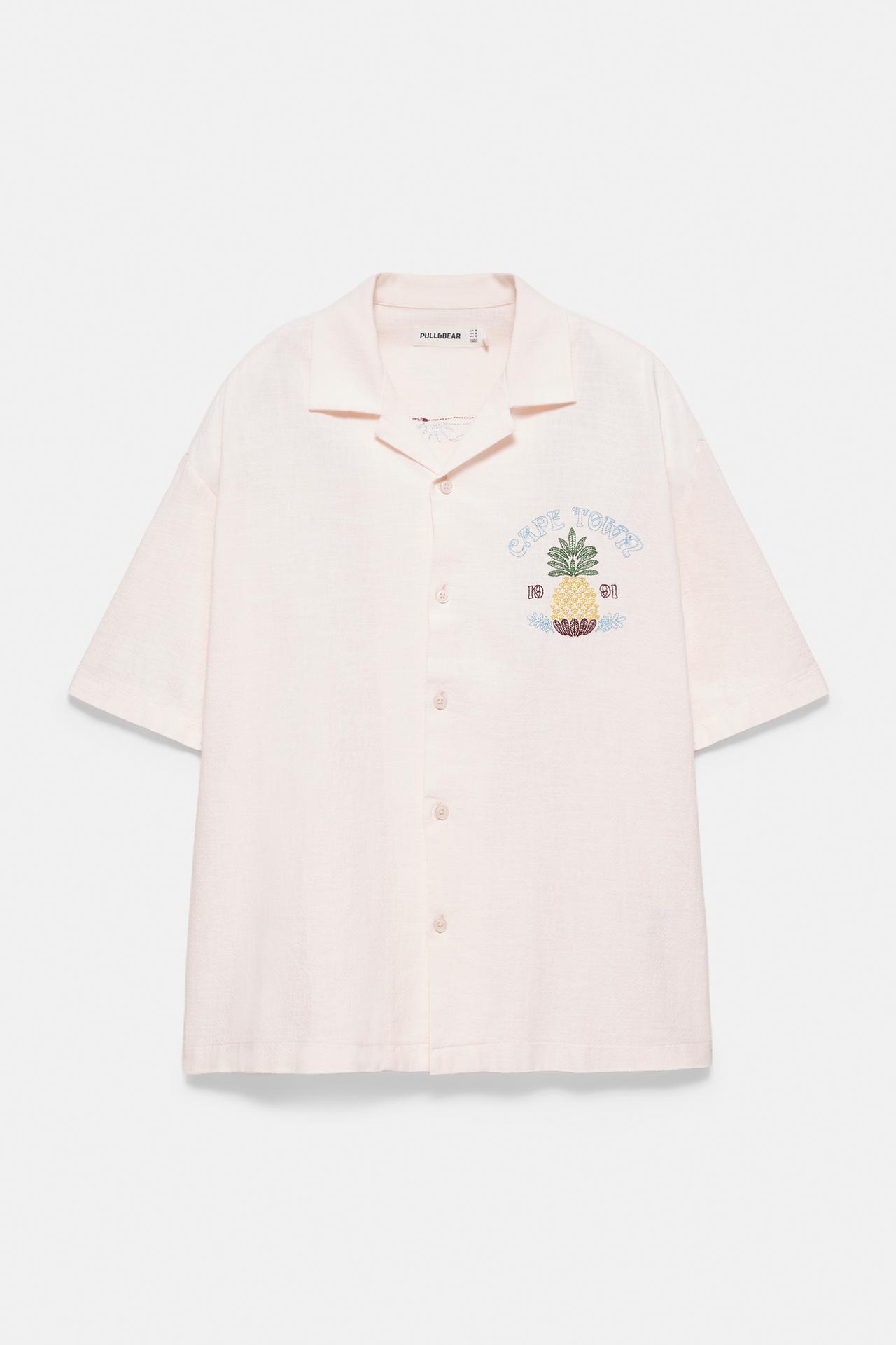 Pineapple embroidery short sleeve shirt — Rose pink