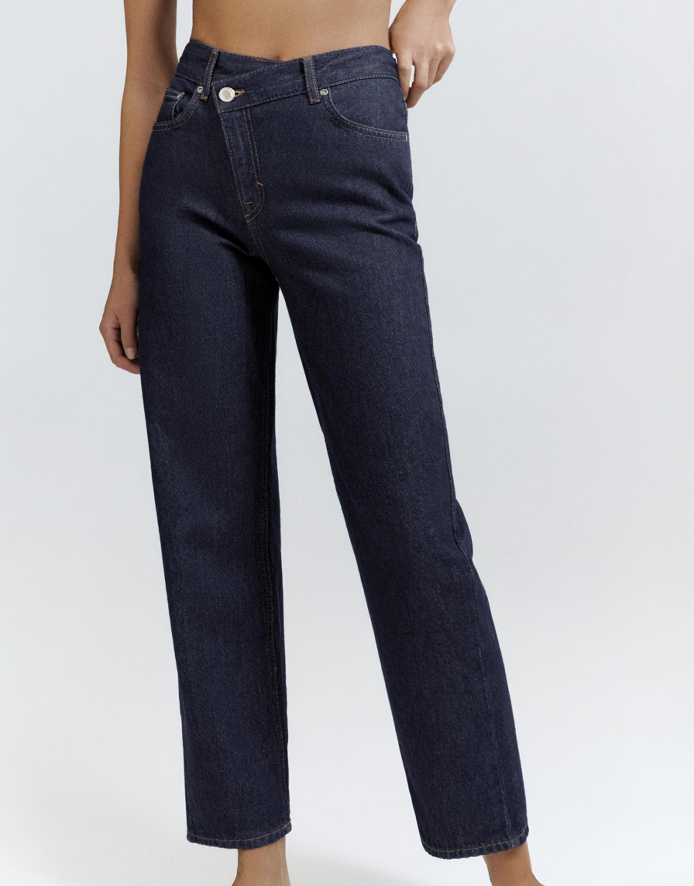 Straight-leg jeans with crossover waistband — Navy
