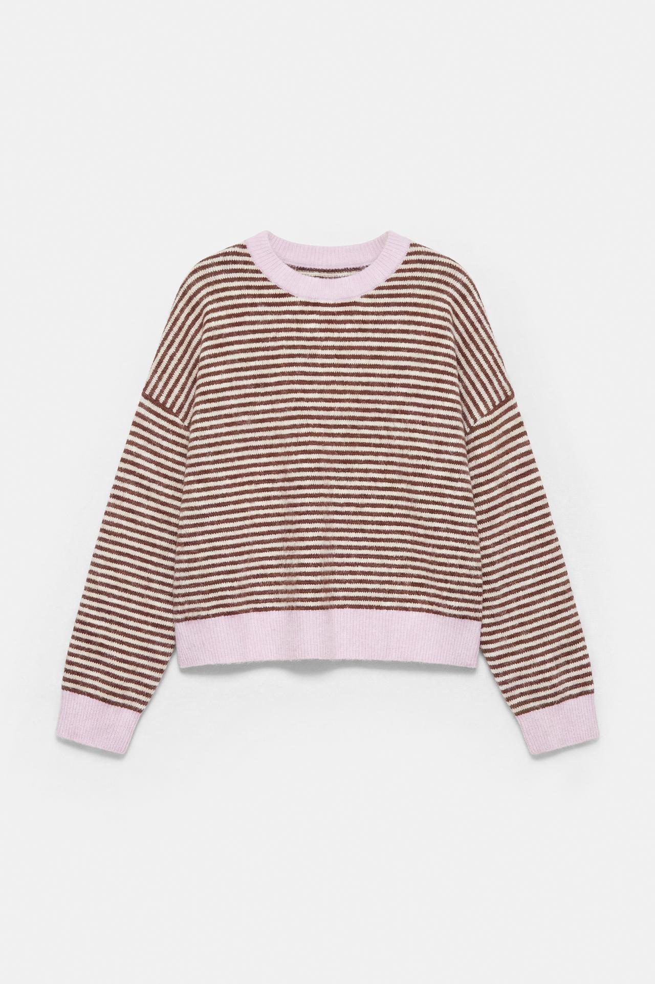 Striped jumper with contrast neck — Chocolate