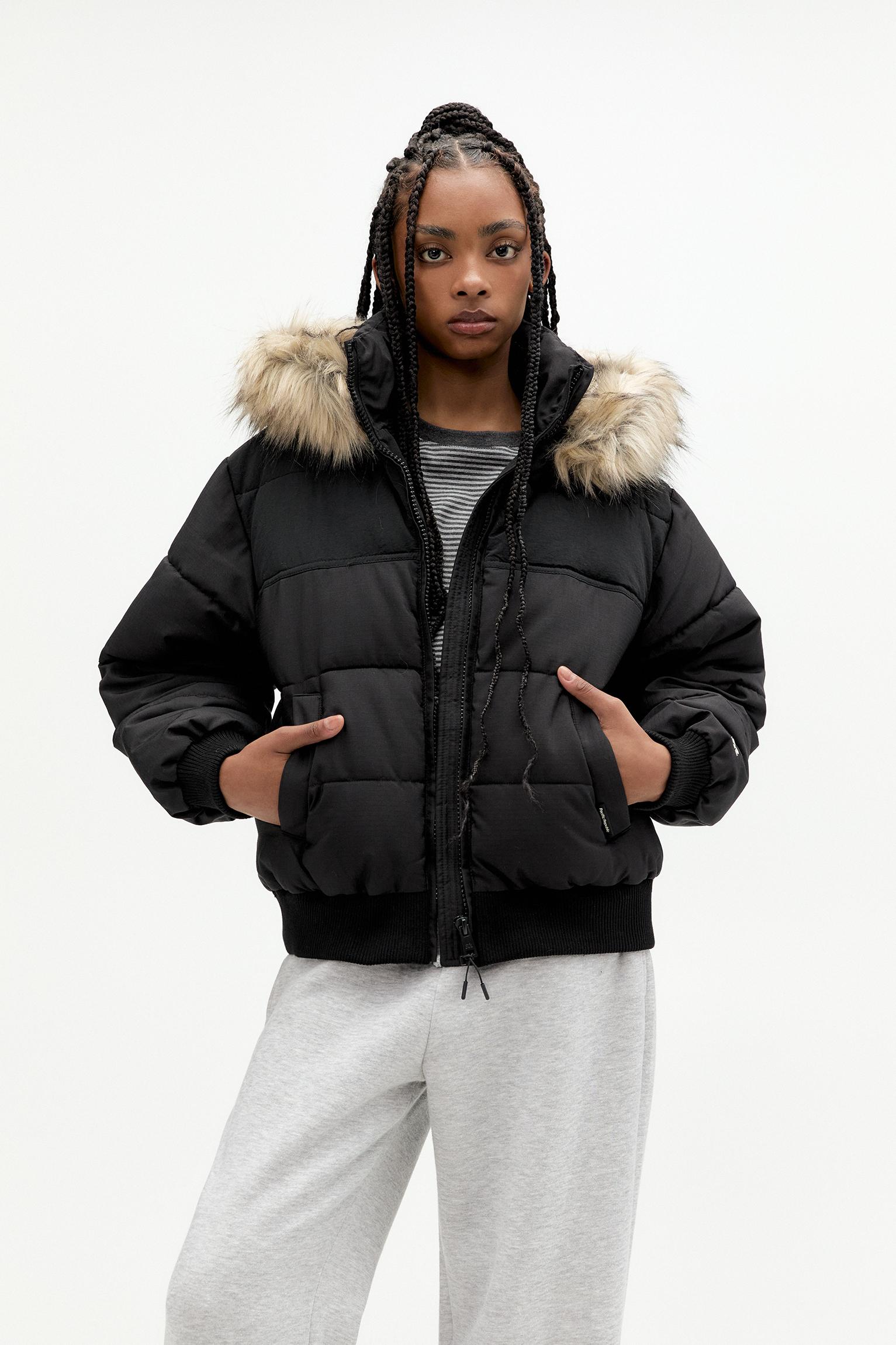 Puffer jacket with faux fur hood pull bear