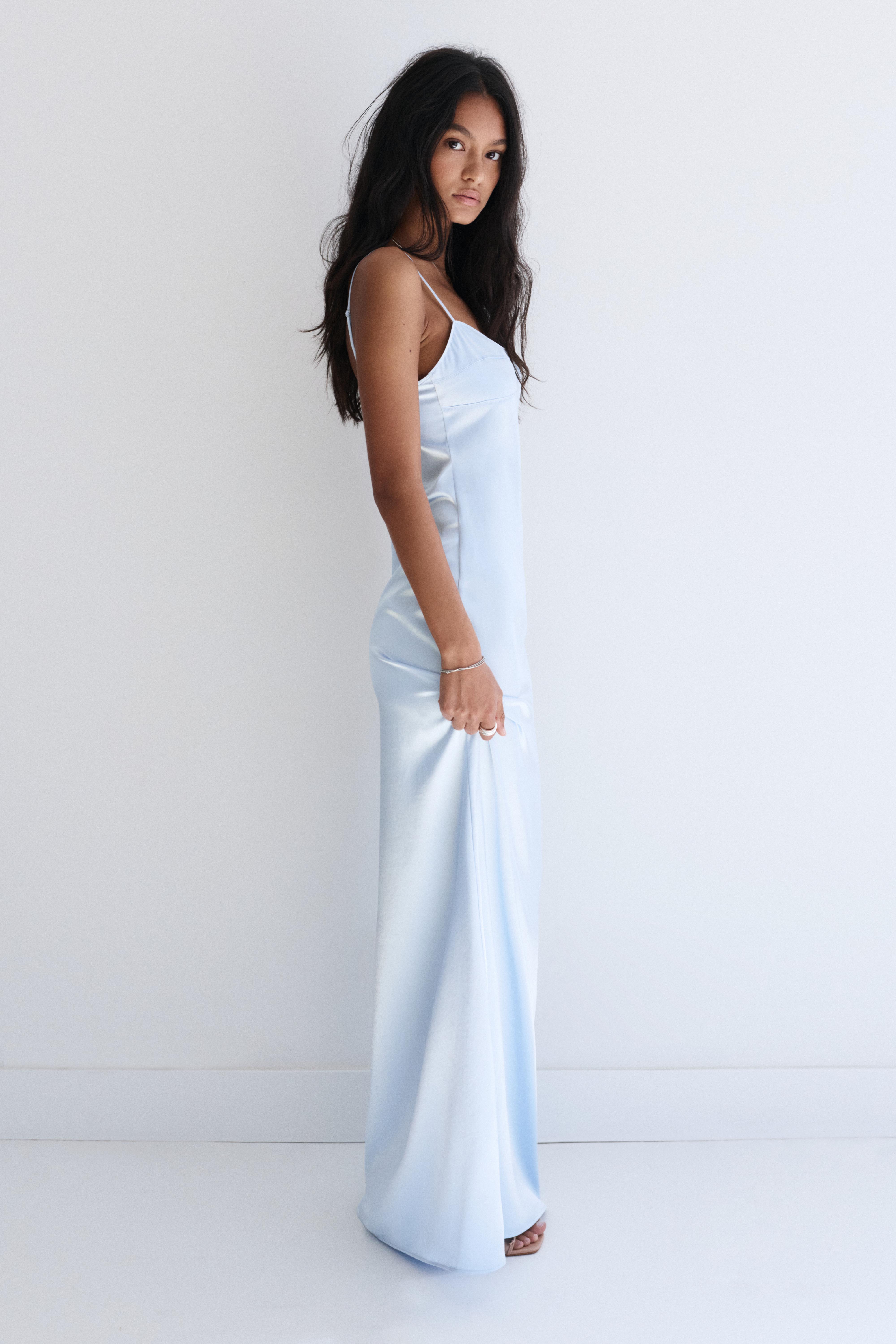 Satin strappy midi dress — Sky blue
