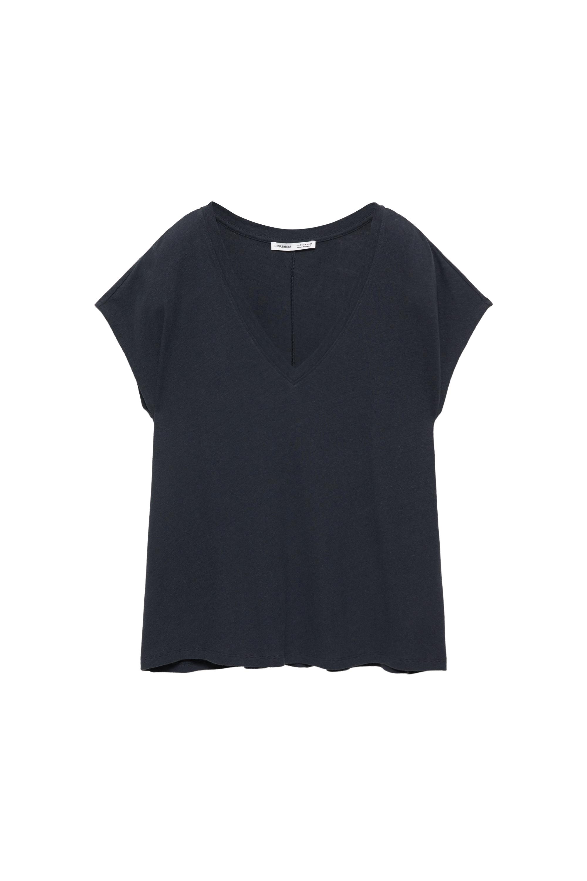 V yaka keten t-shirt - Görsel 4