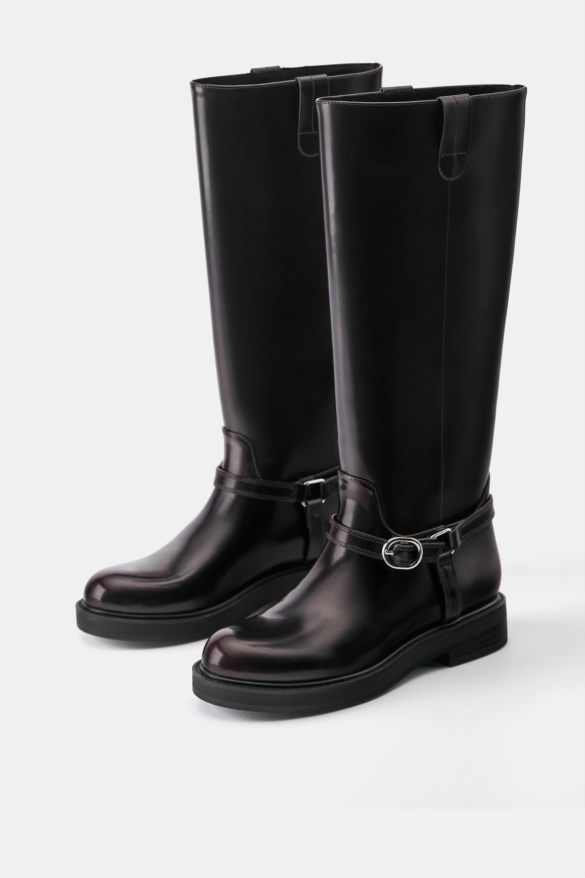 Flat high-leg buckled boots — Burgundy
