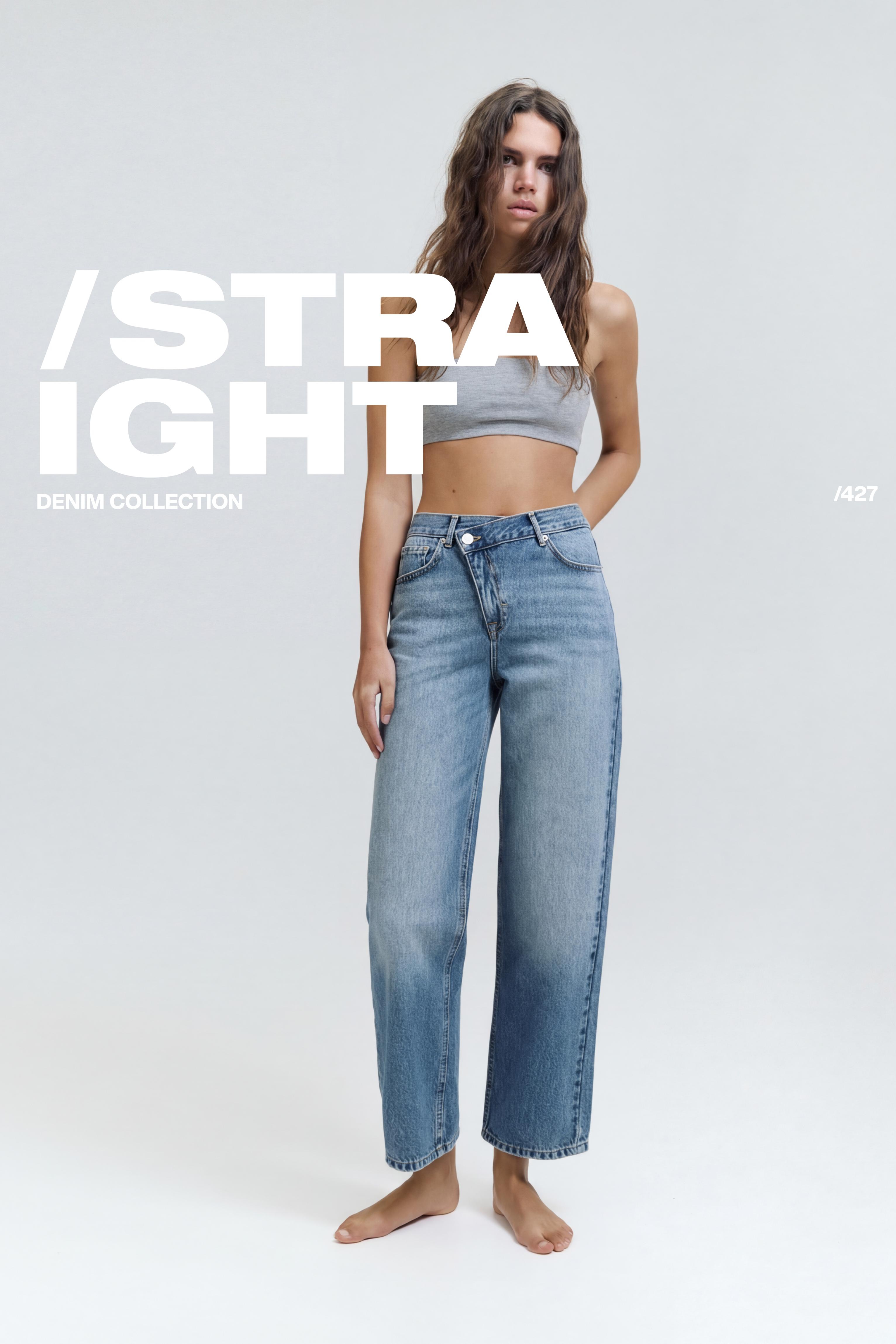 Straight-leg jeans with crossover waistband — Medium blue