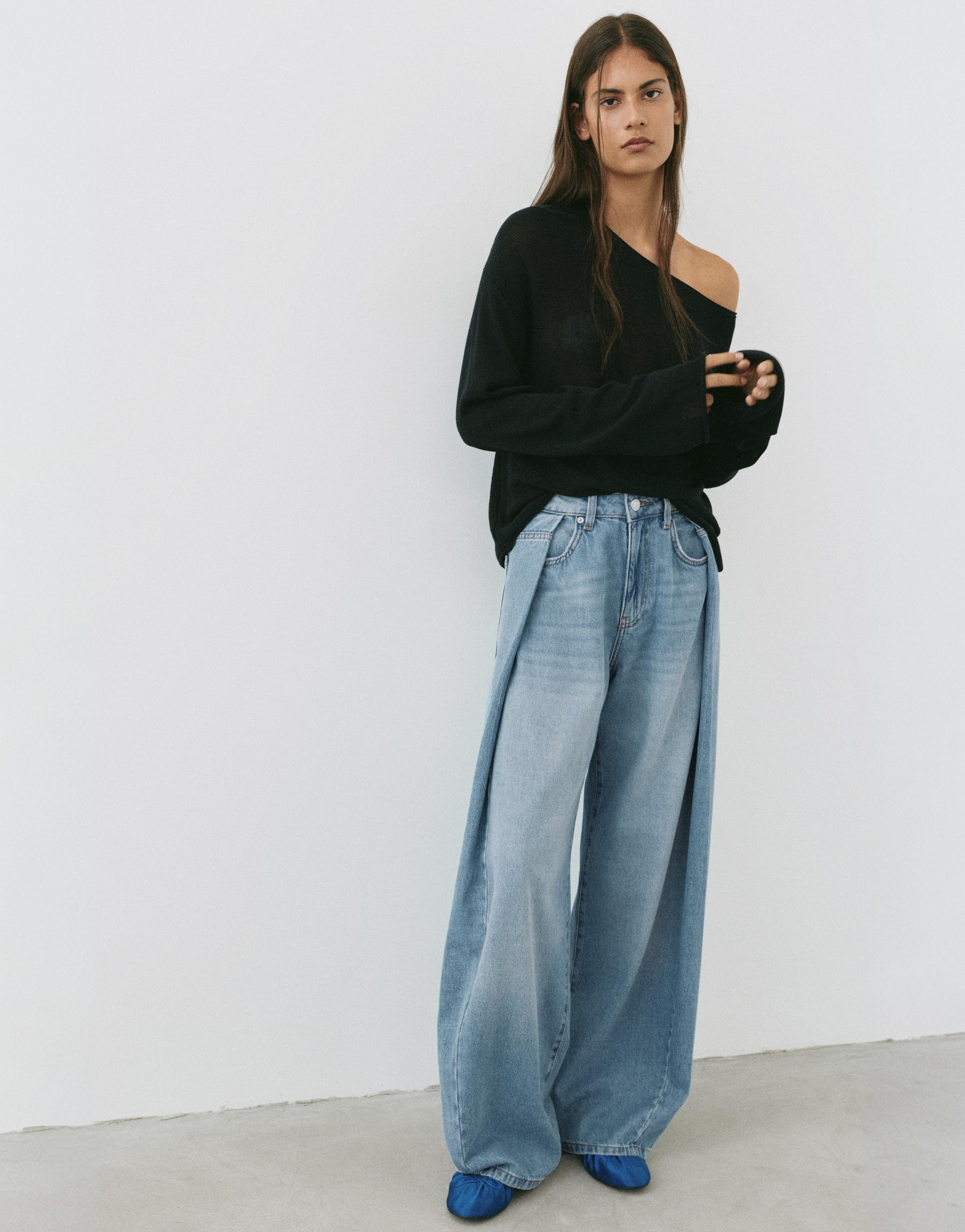 Pleated balloon fit baggy jeans — Pale blue