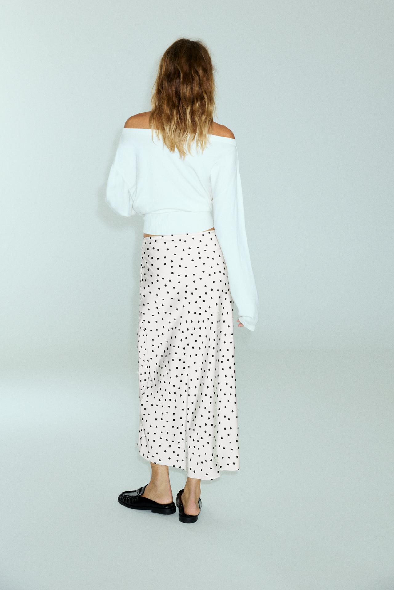 Satin drawstring midi skirt — Ecru/Black