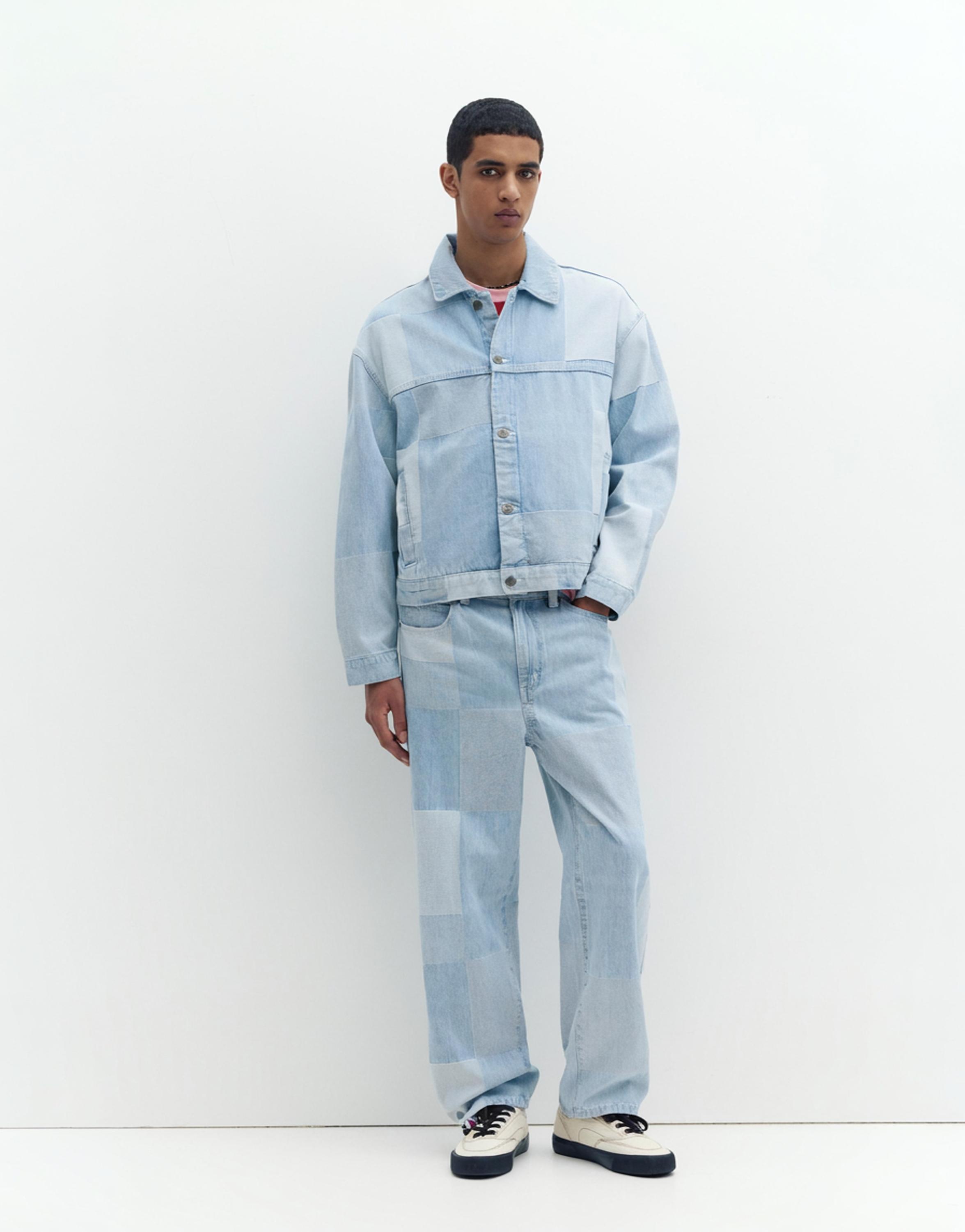 Baggy patchwork check jeans — Pale indigo