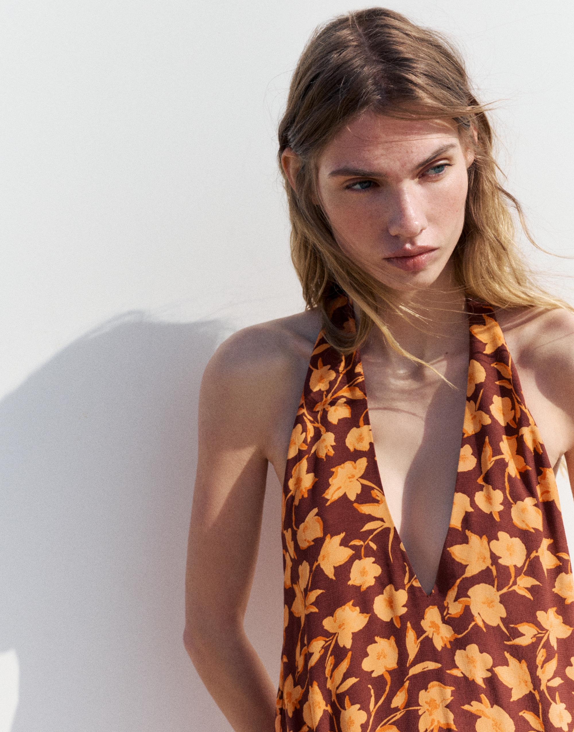 Floral halterneck midi dress — Brown