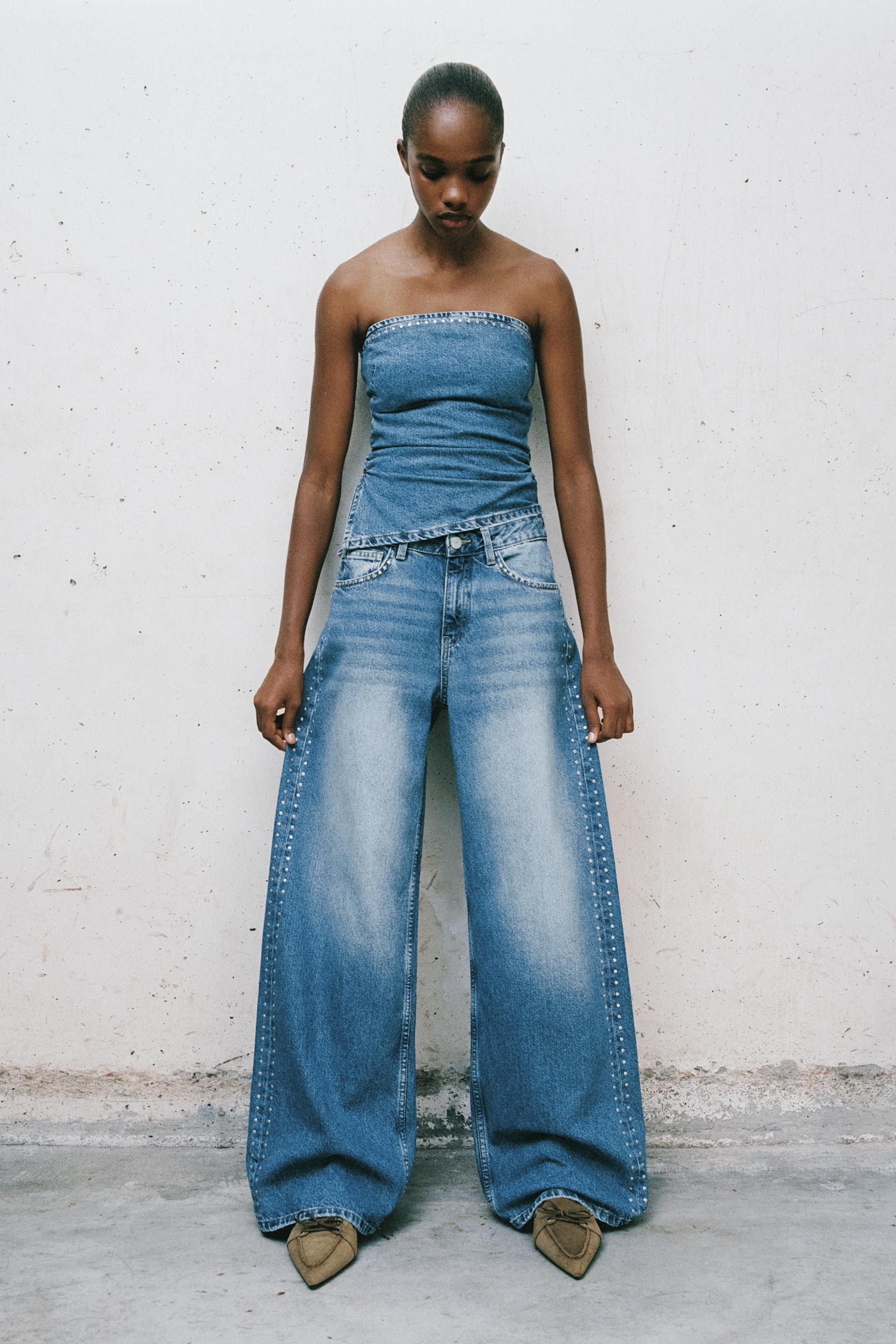 Wide-leg stud jeans — Medium blue