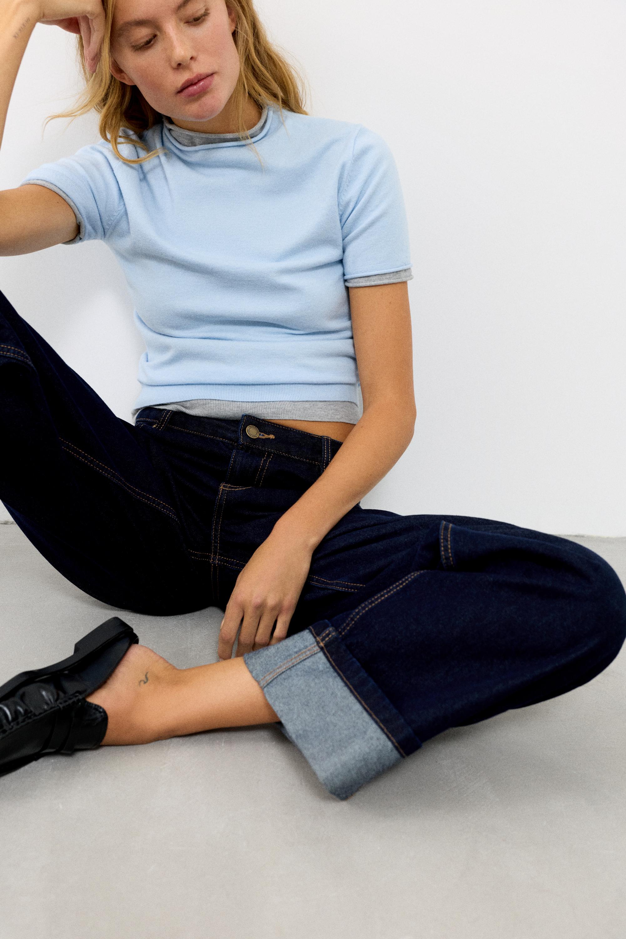 Fine knit short sleeve T-shirt — Pastel blue