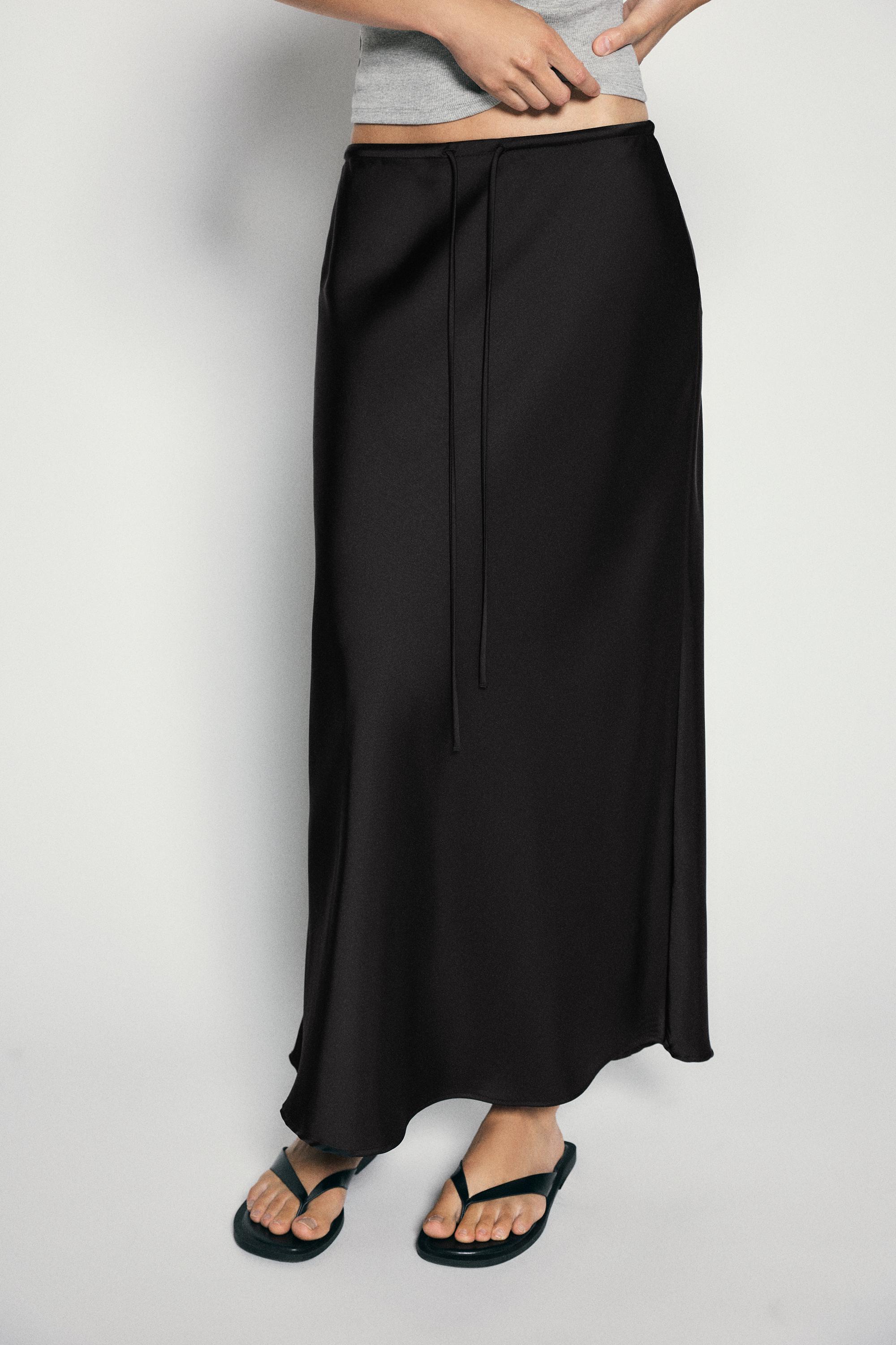 Satin drawstring midi skirt — Black