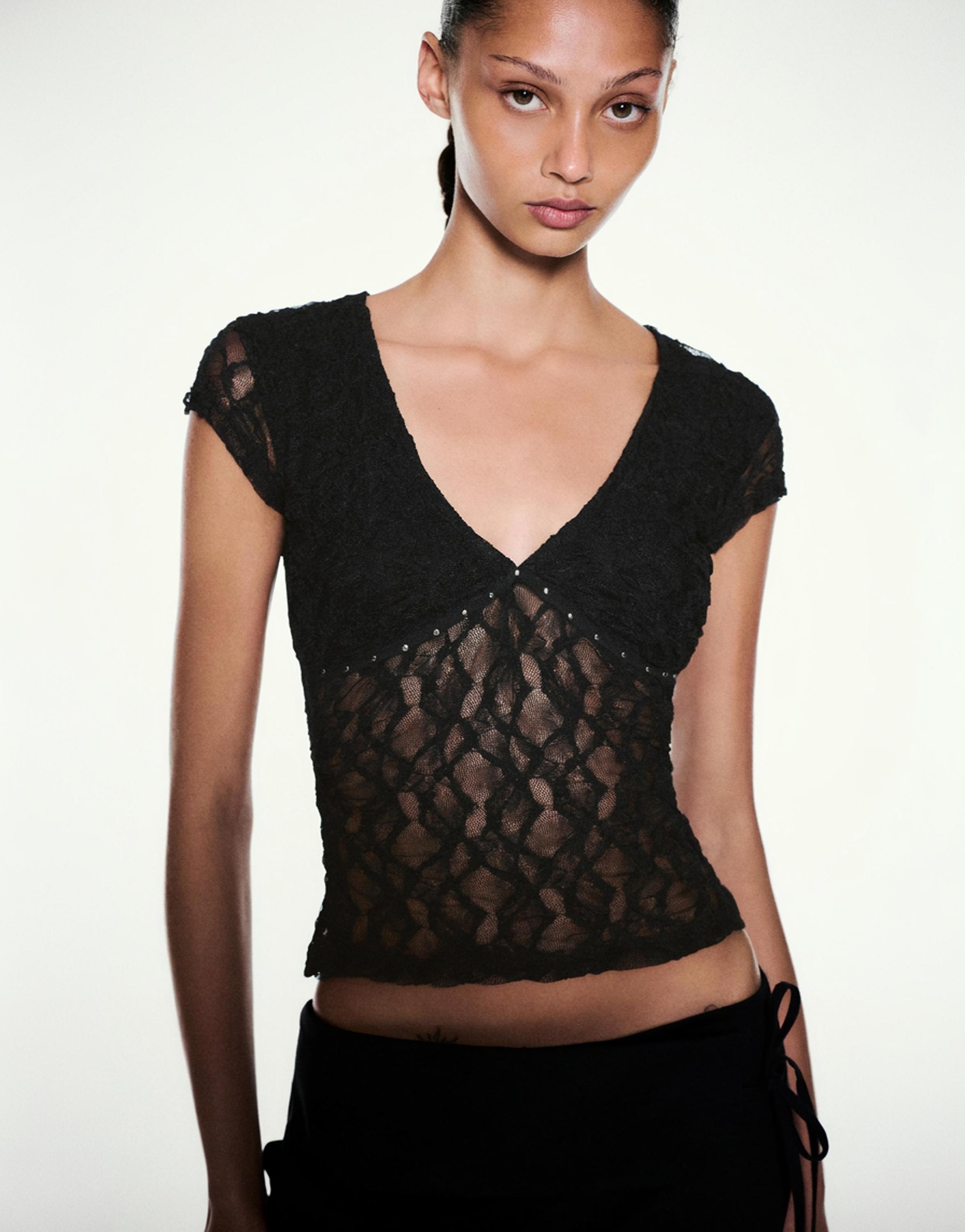 Studded lace T-shirt — Black