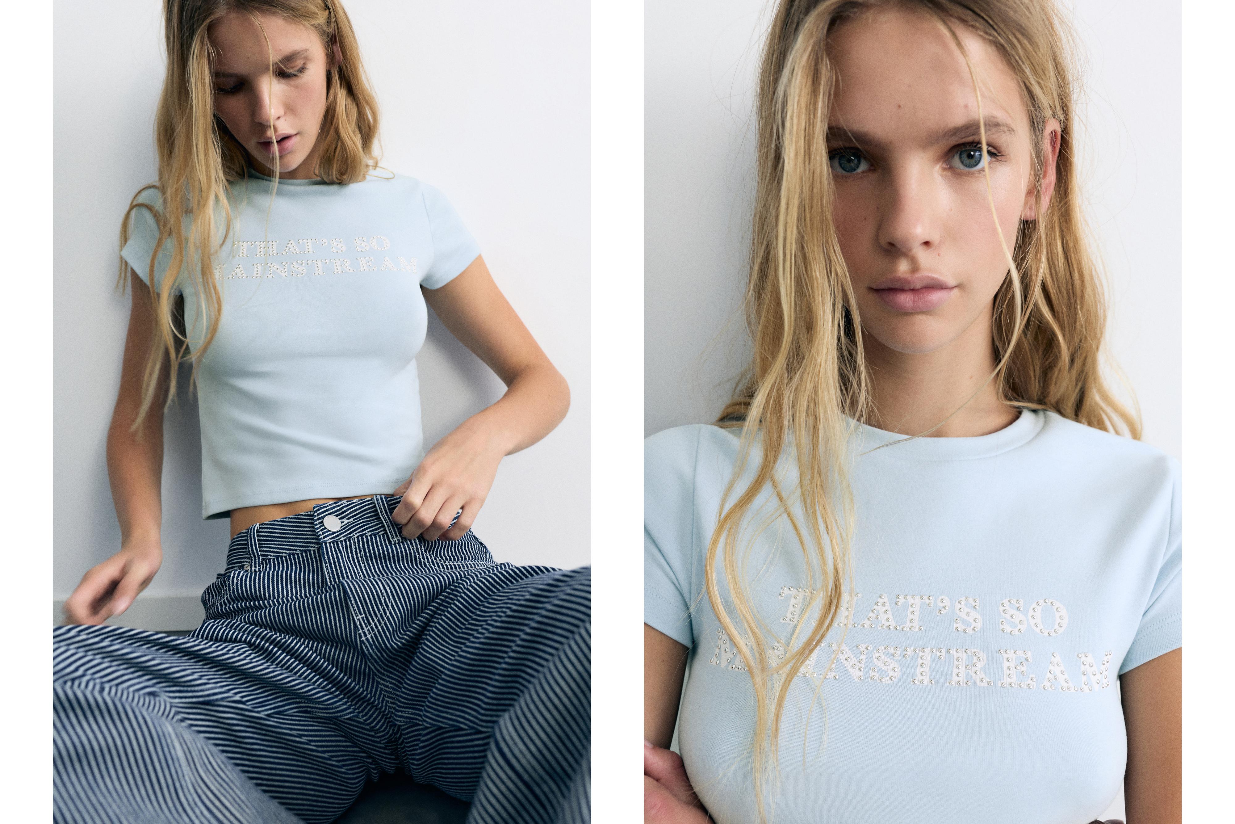 Studded slogan T-shirt — Pale blue
