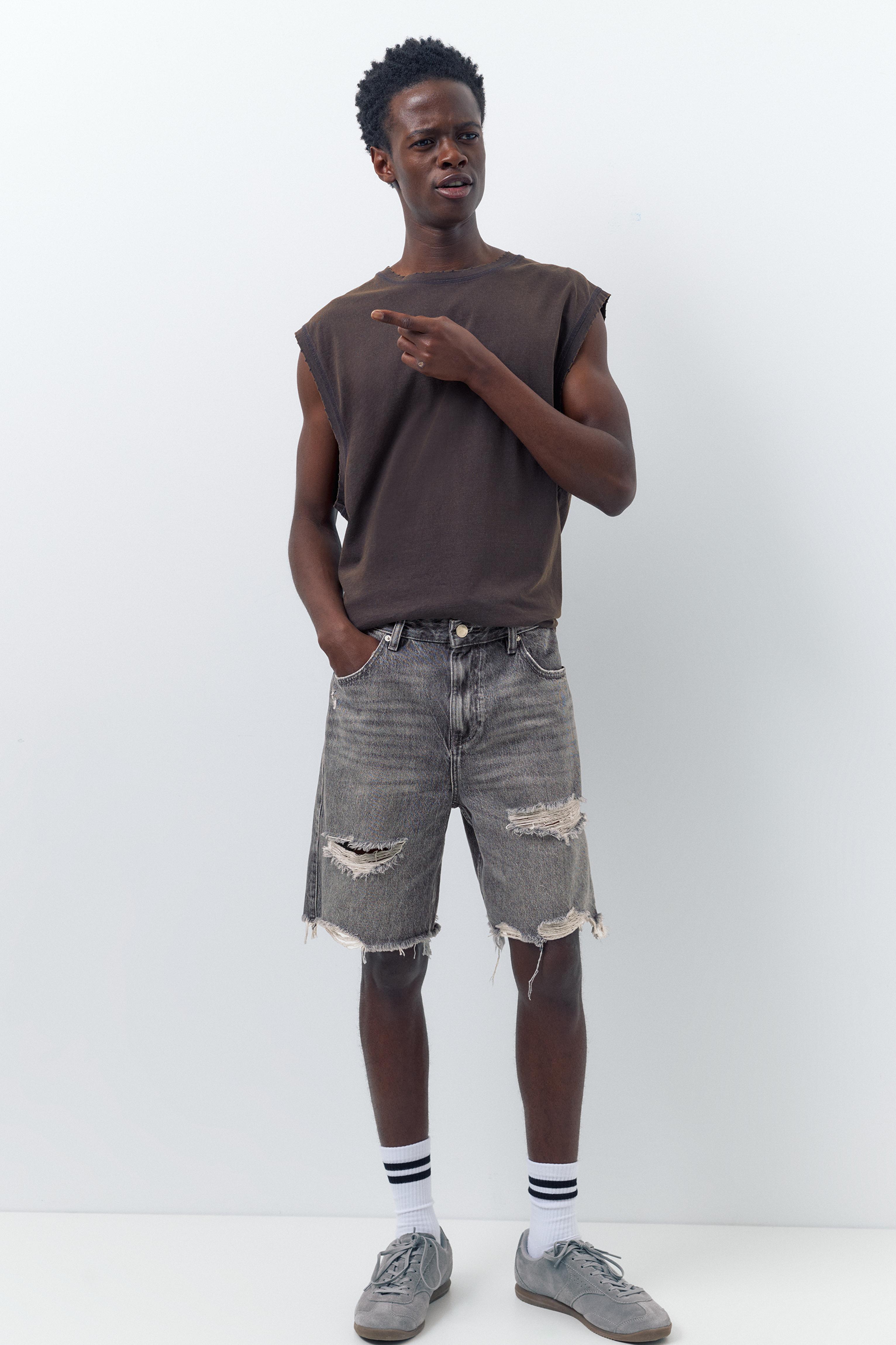 Straight-leg denim Bermuda shorts — Dark grey