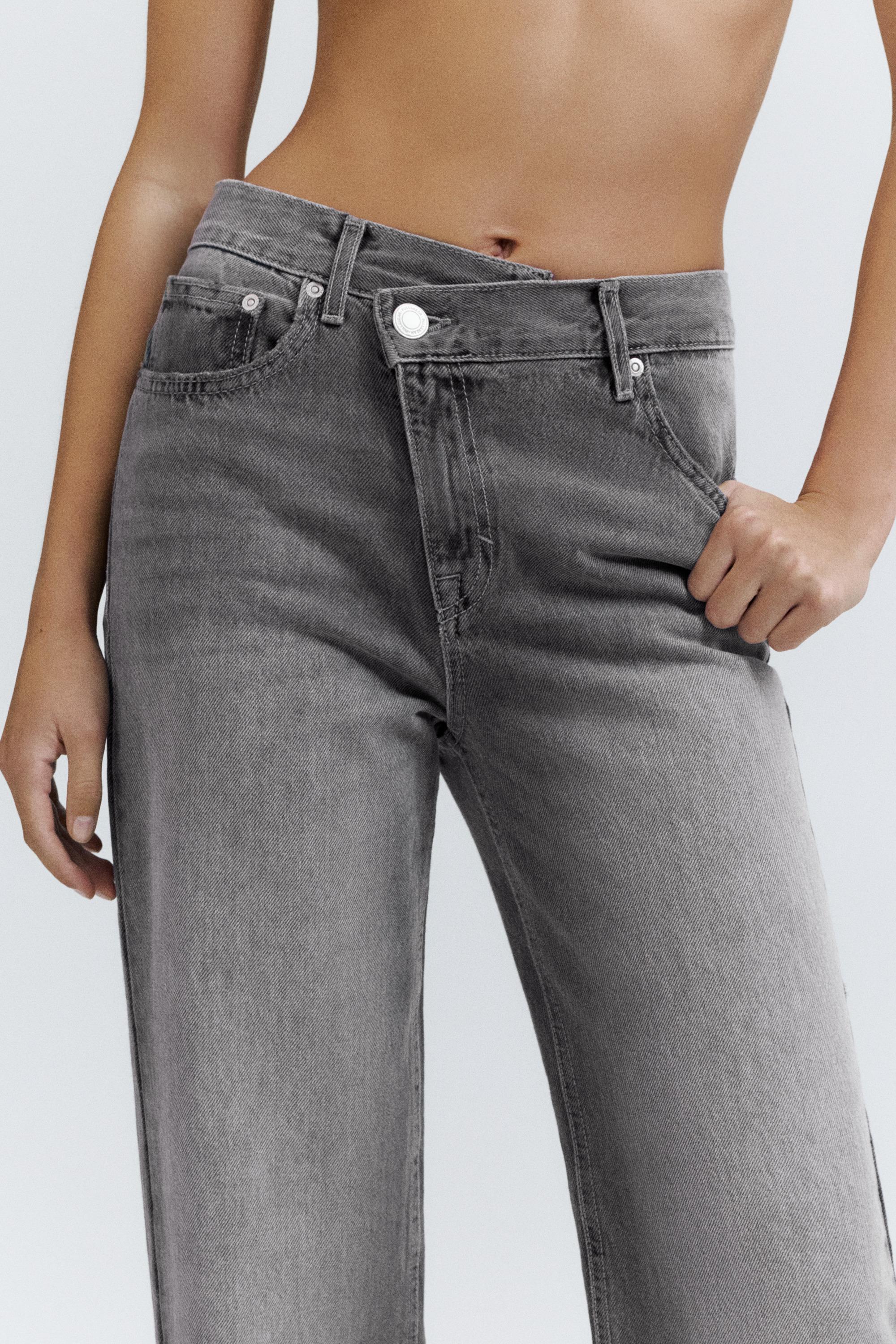 Straight-leg jeans with crossover waistband — Grey