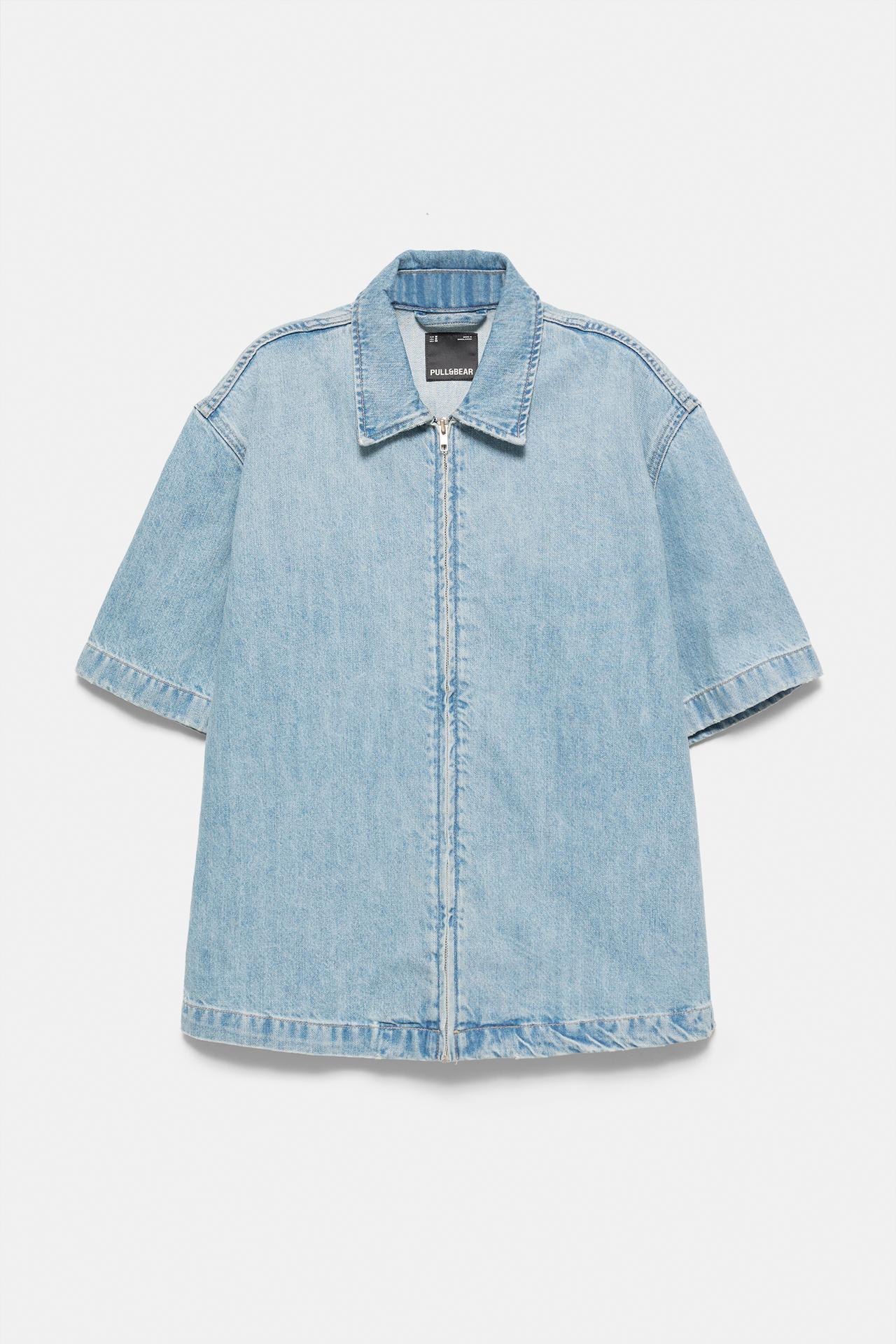 Short sleeve zipped denim shirt — Pale indigo