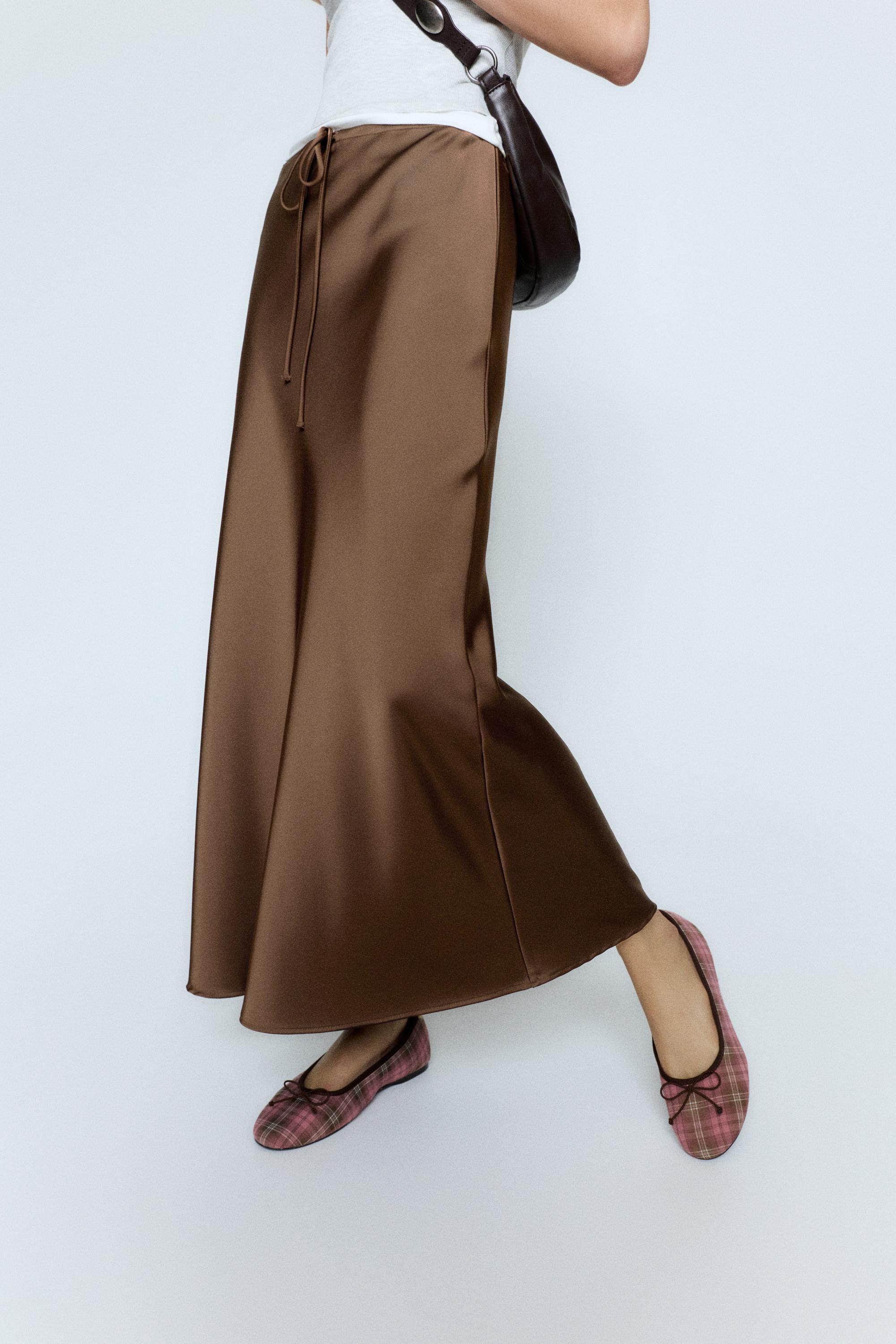 Satin drawstring midi skirt — Dark brown