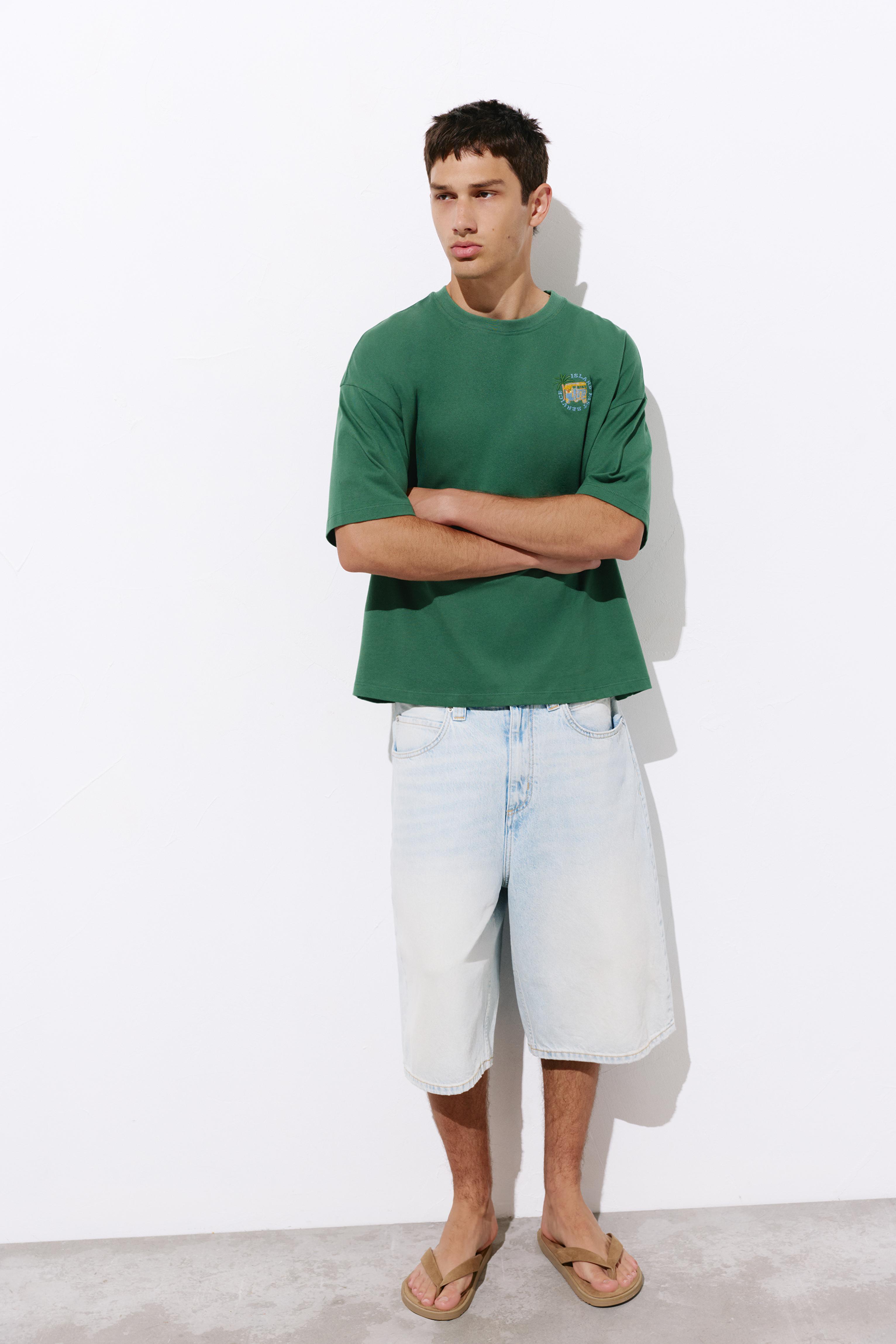 Relaxed embroidered T-shirt — Dark green marl