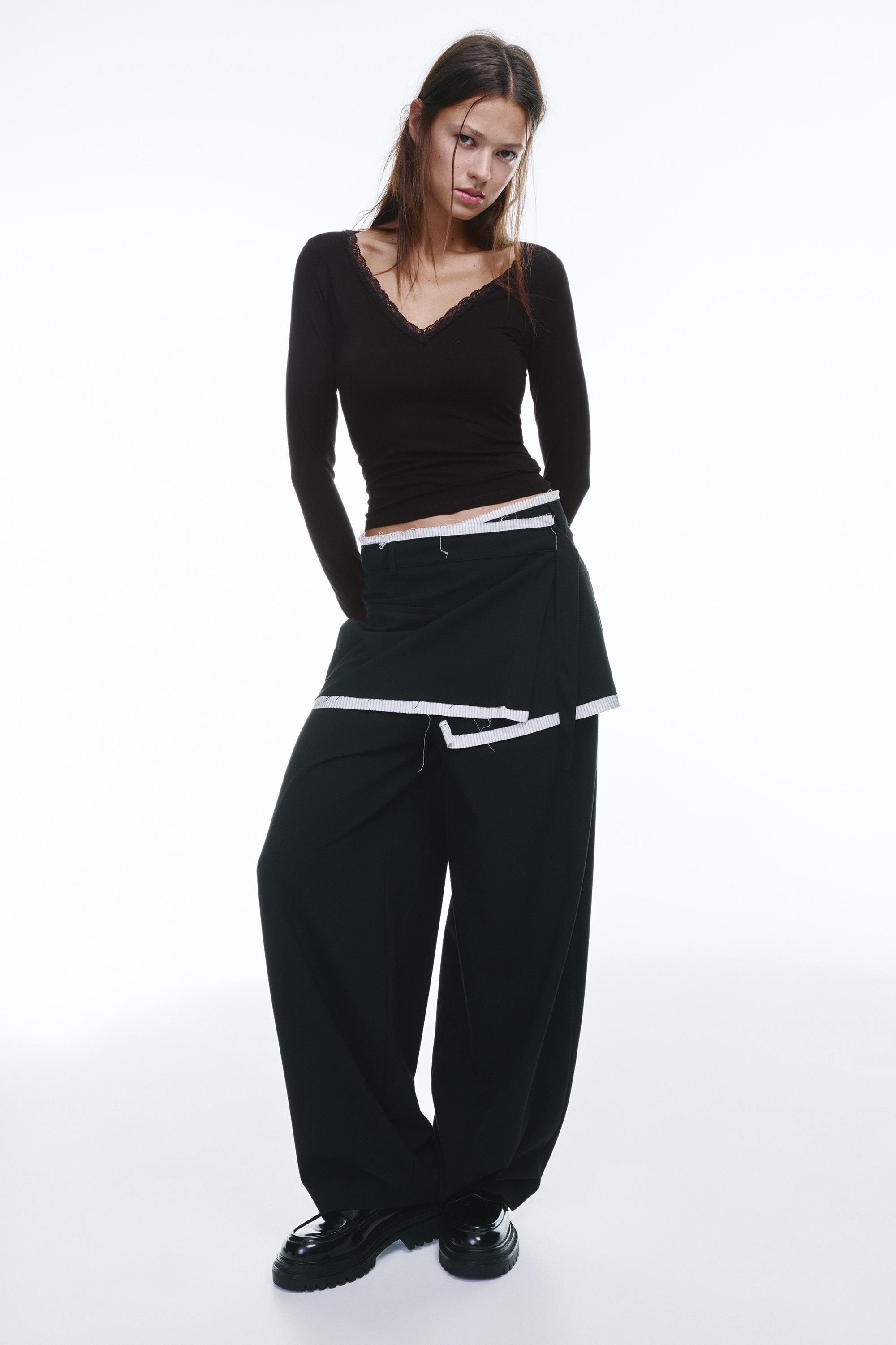 Lace trim neckline T-shirt — Black