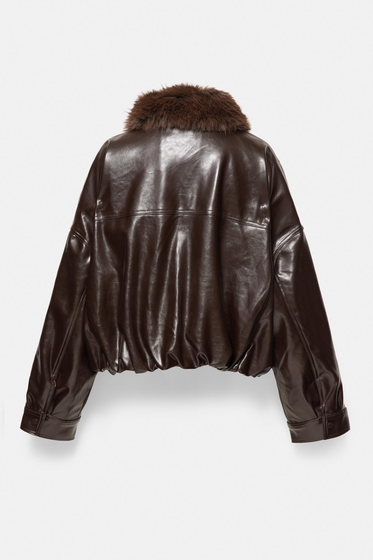 Leather effect jacket with faux fur collar — Brown